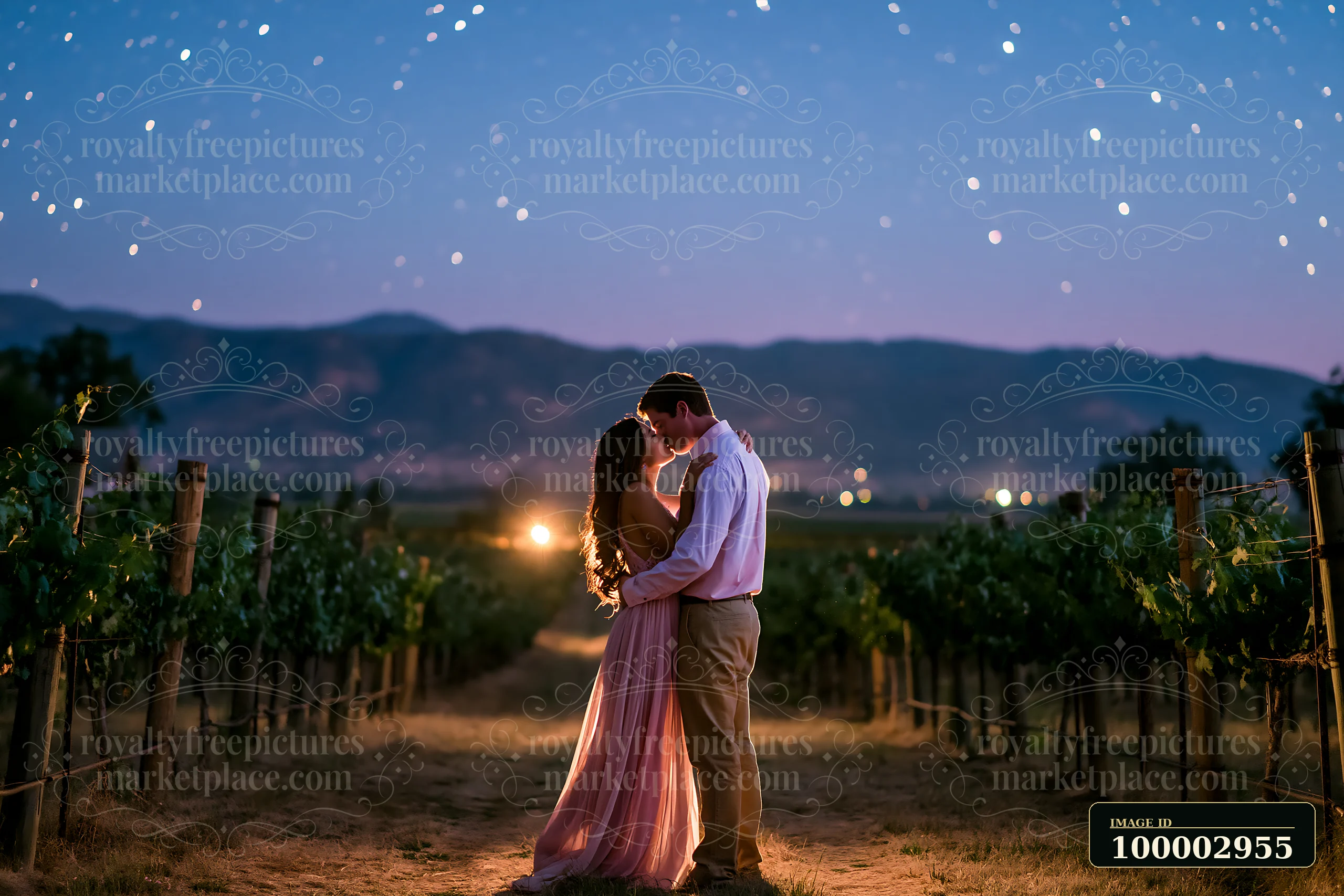 A couple kissing under stars during a romantic date in a vineyard.