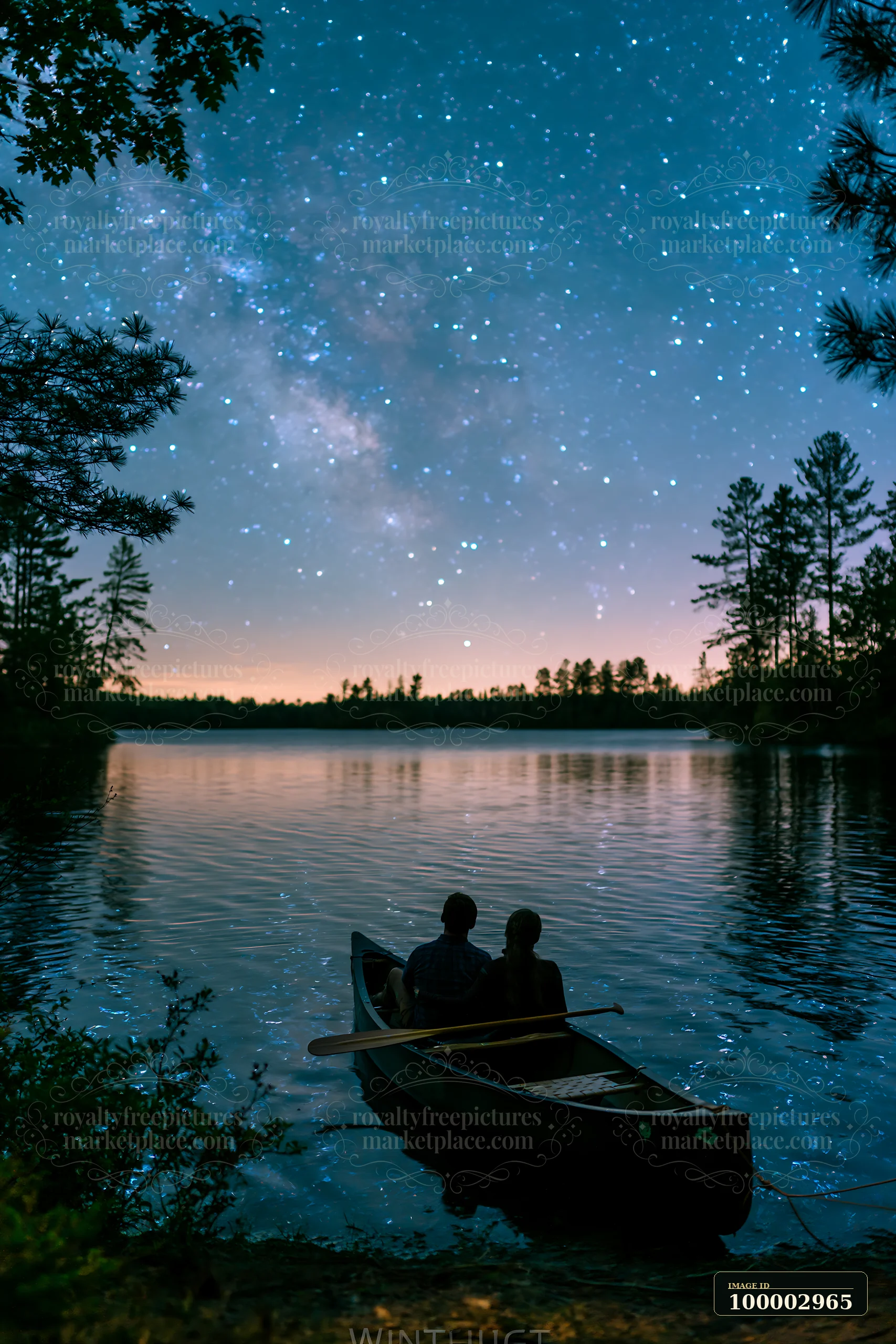 A couple watching stars beside a lake in a canoe enjoys a clear night.