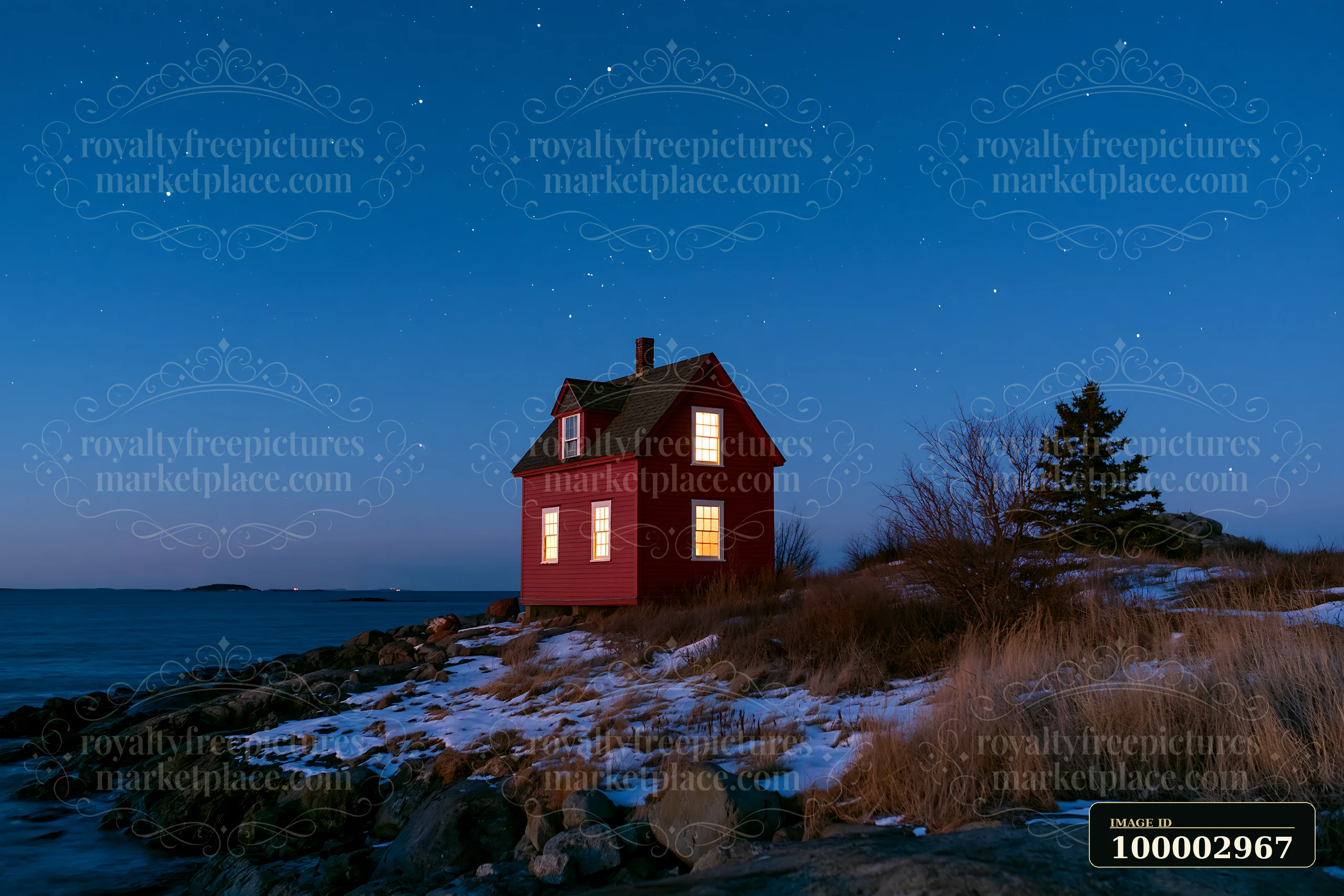 A red lighthouse house stands by the water under a starlit sky at dusk.