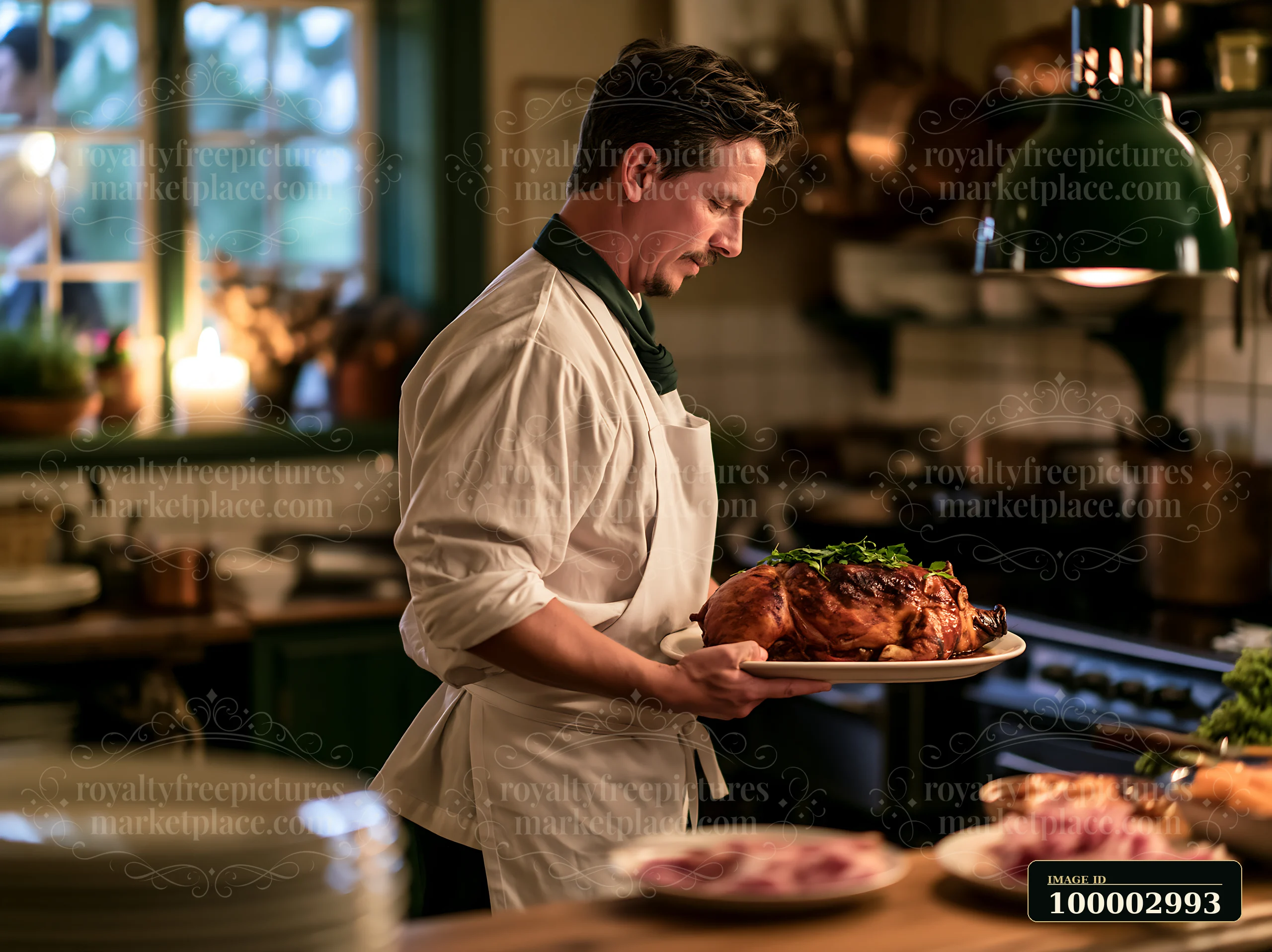 A chef carries a roast pig garnished with fresh herbs to a dining table in a cozy kitchen.
