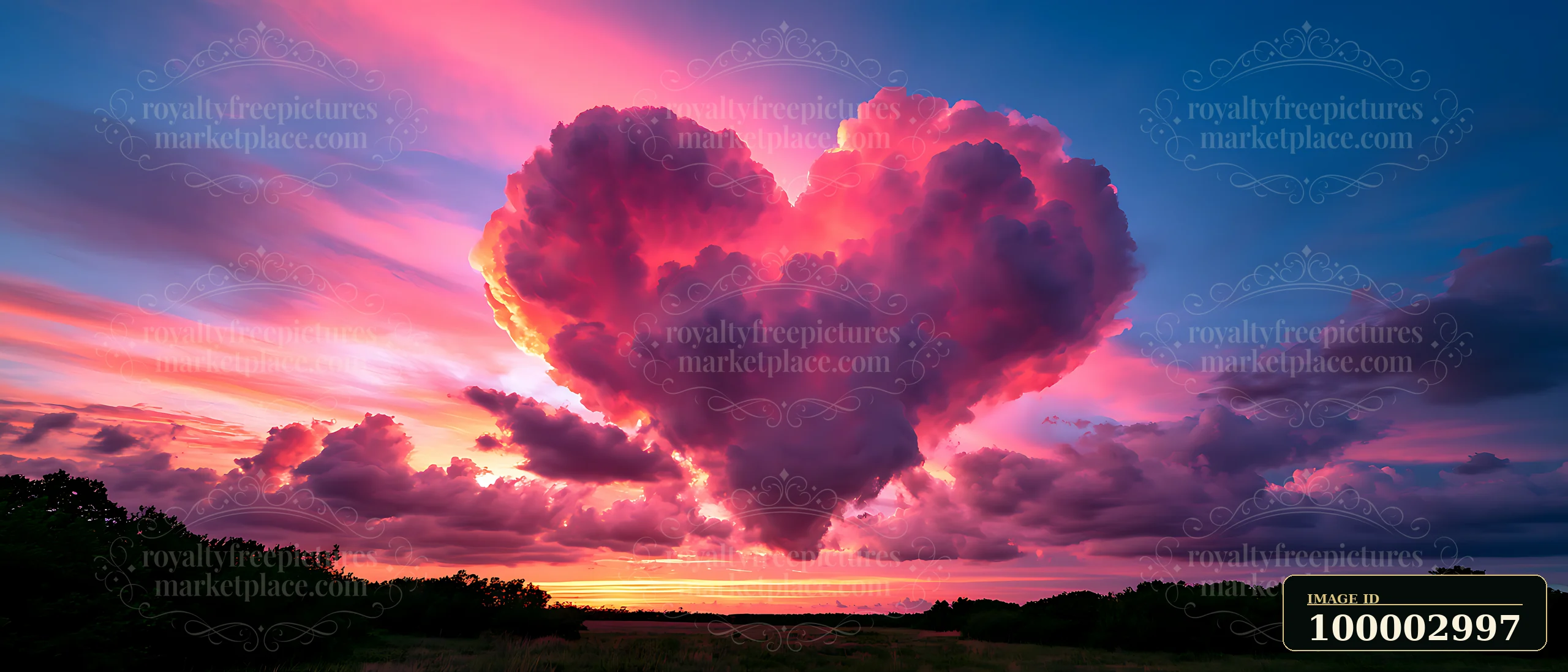 A heart-shaped cloud forms at sunset, glowing pink and purple against a vibrant sky.