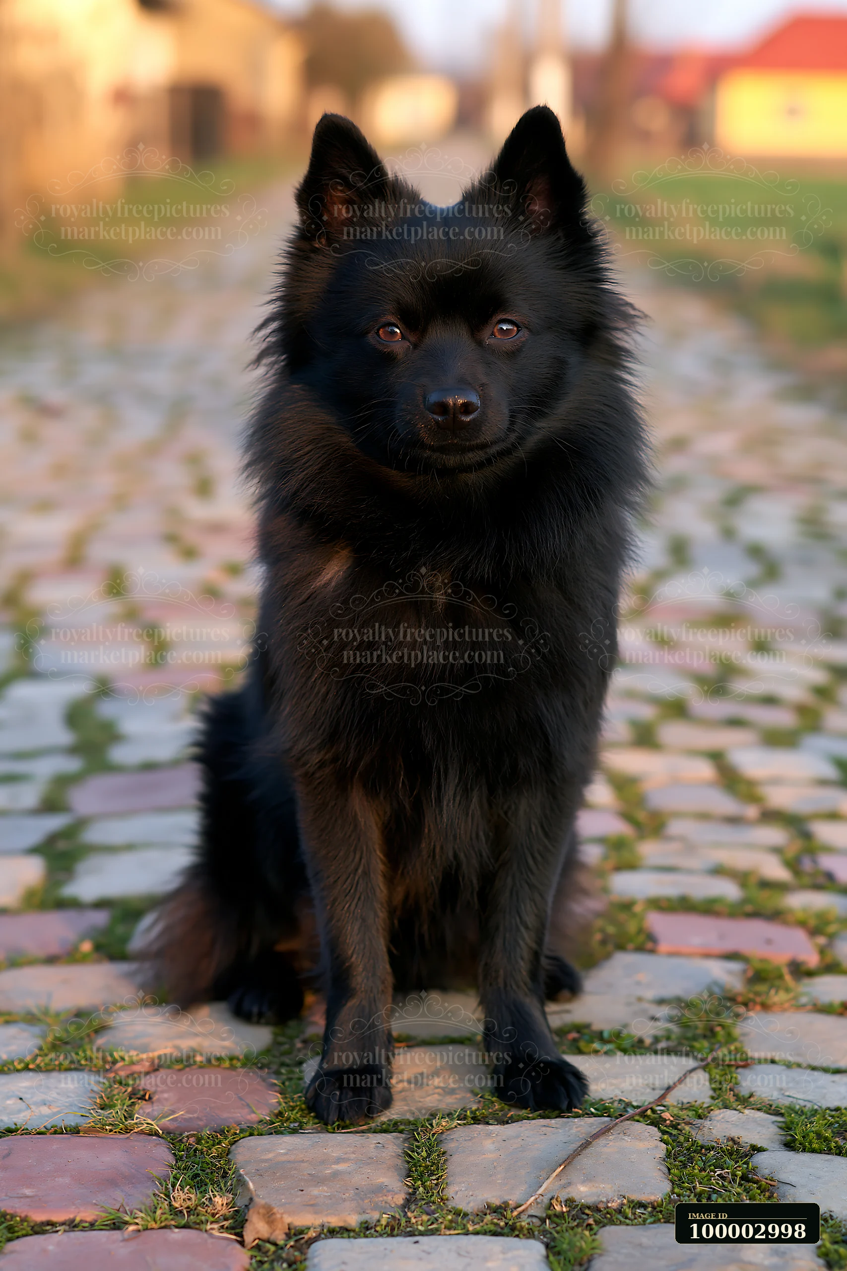 A rare dog breed sits on a cobblestone road in a rural setting, surrounded by grass and distant buildings.