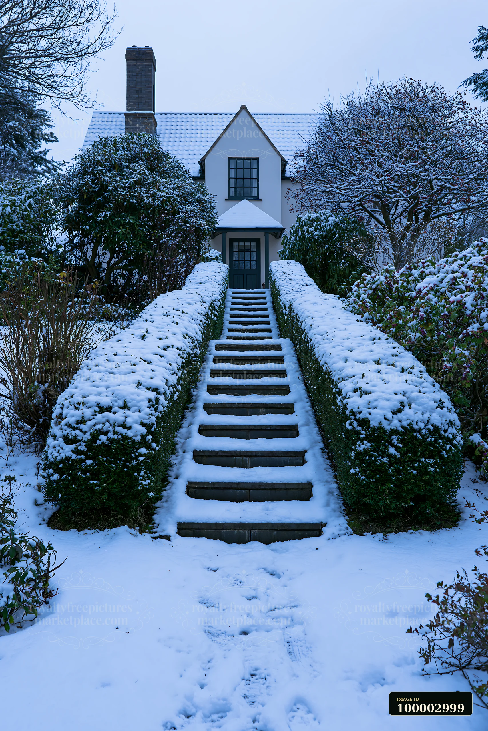 A snowy scene shows a pathway leading to a farmhouse, surrounded by trimmed hedges and trees.