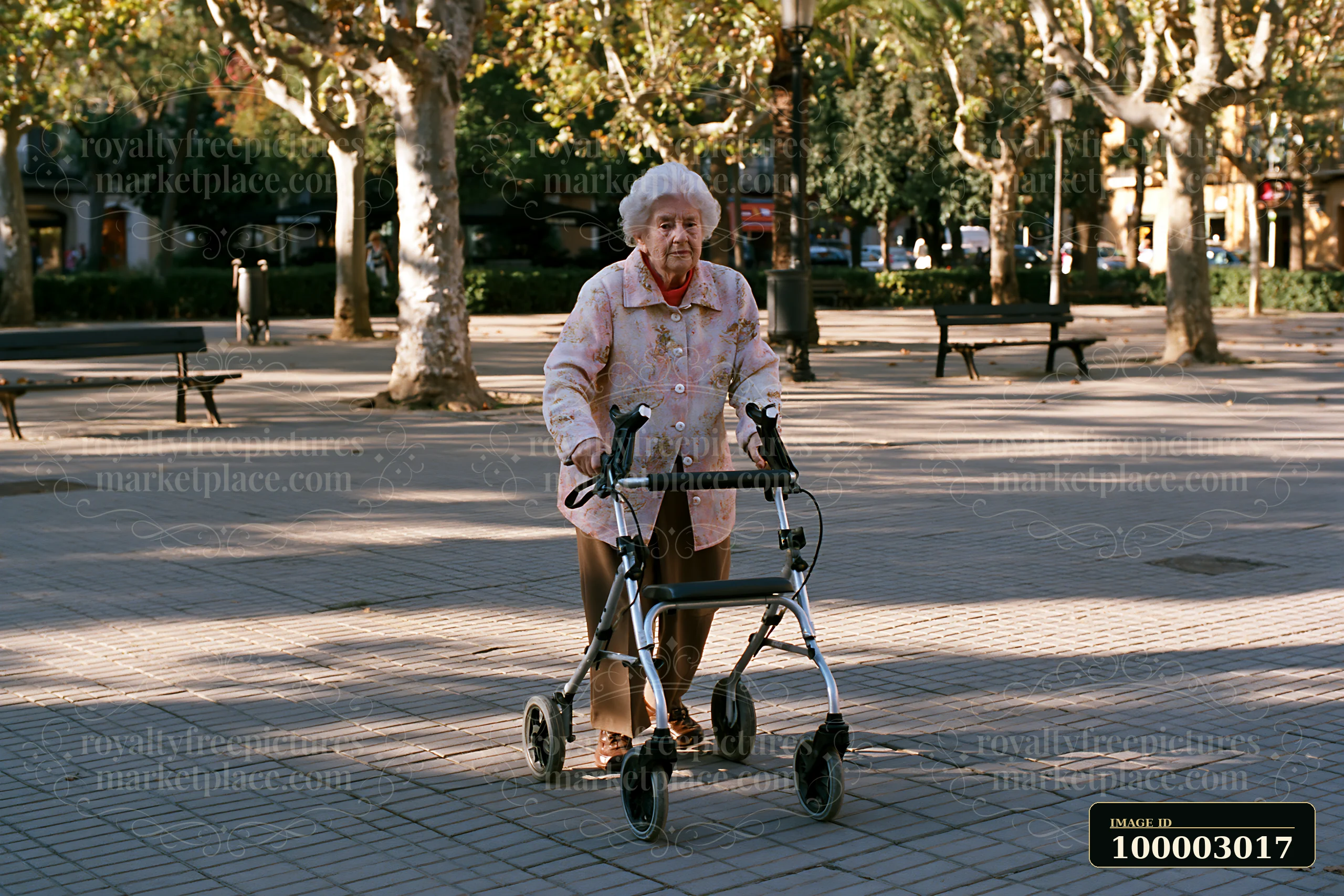 Elderly woman with Parkinson's disease walking outdoors in a park setting, using a walker for support.