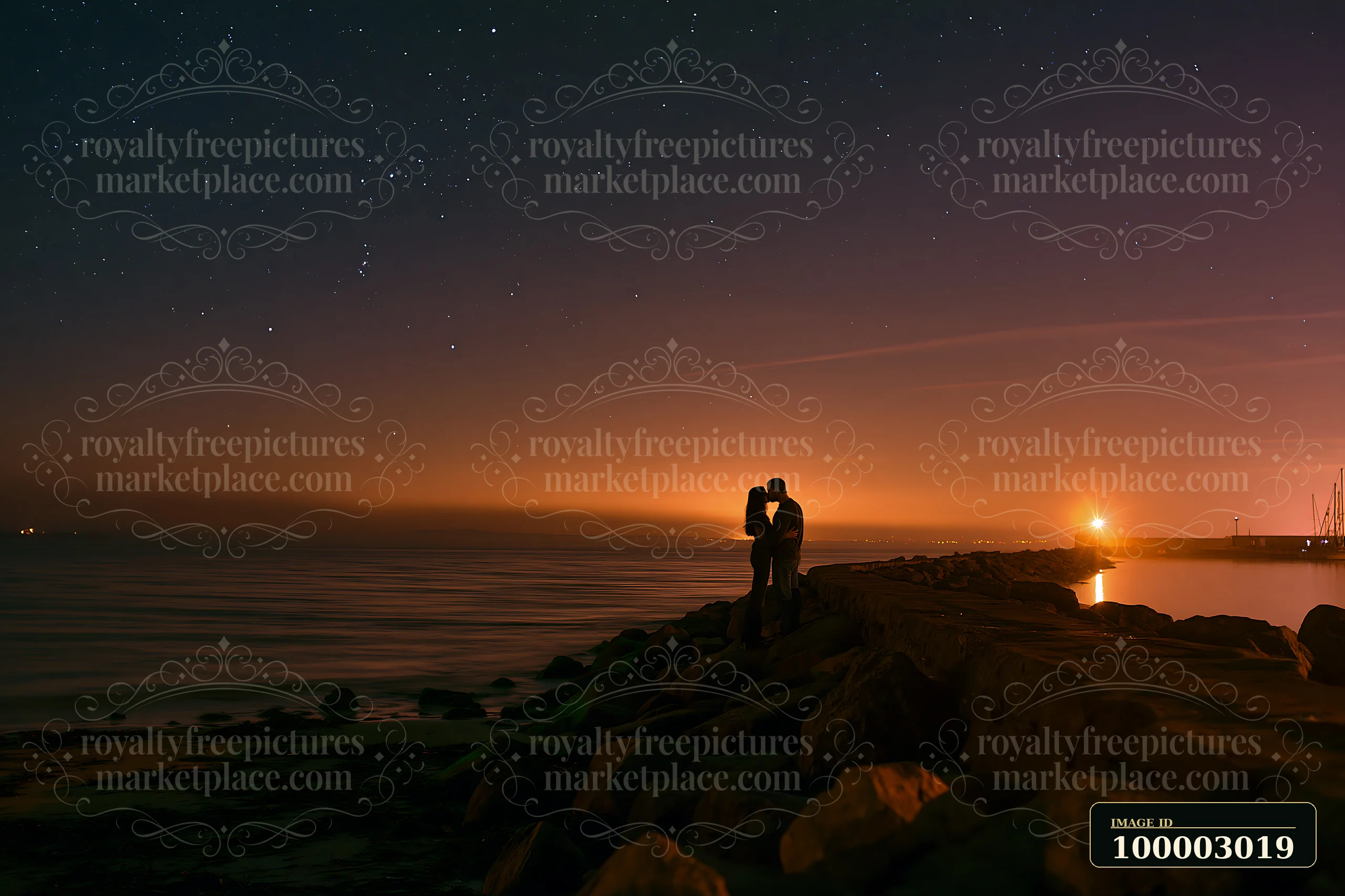A couple stands together on a rocky beach, sharing a kiss while stars shine above and distant lights reflect on the water.