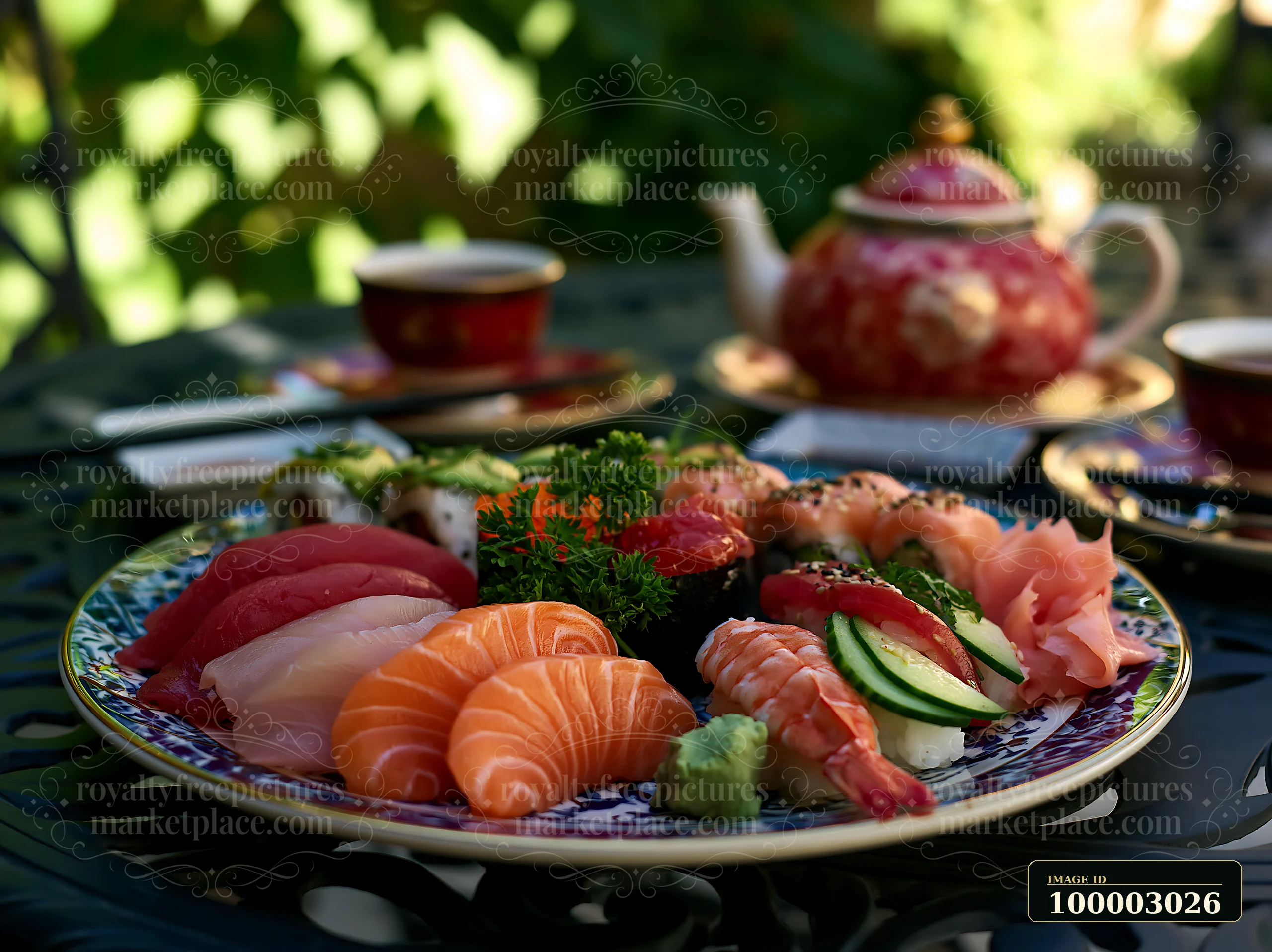 Sushi served with tea is arranged on a colorful plate surrounded by fresh greens.