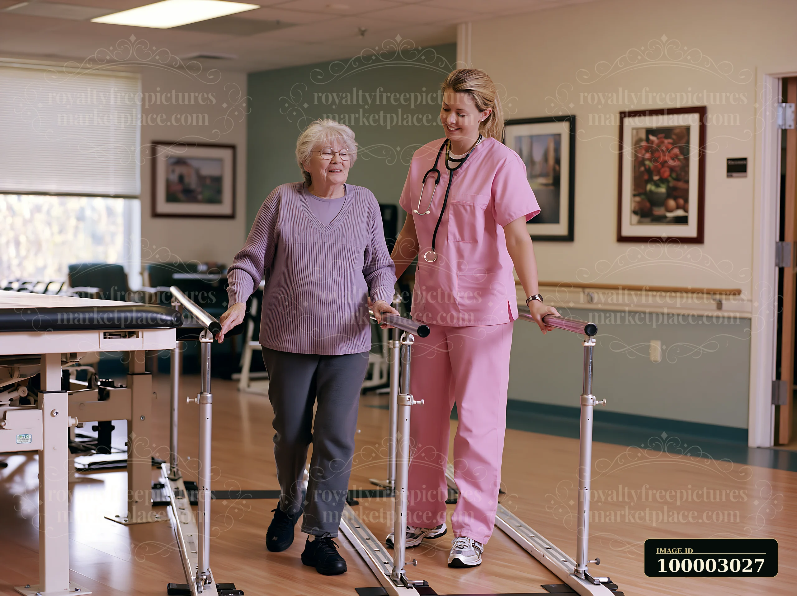 A medical professional measuring elderly patient's gait using parallel bars in a rehabilitation room.