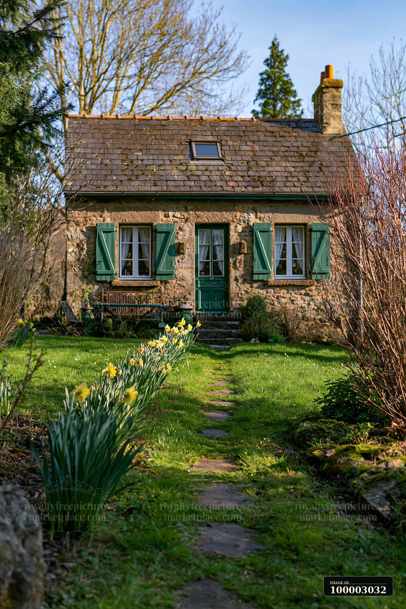 Bright green grass surrounds a stone house with brown shutters.