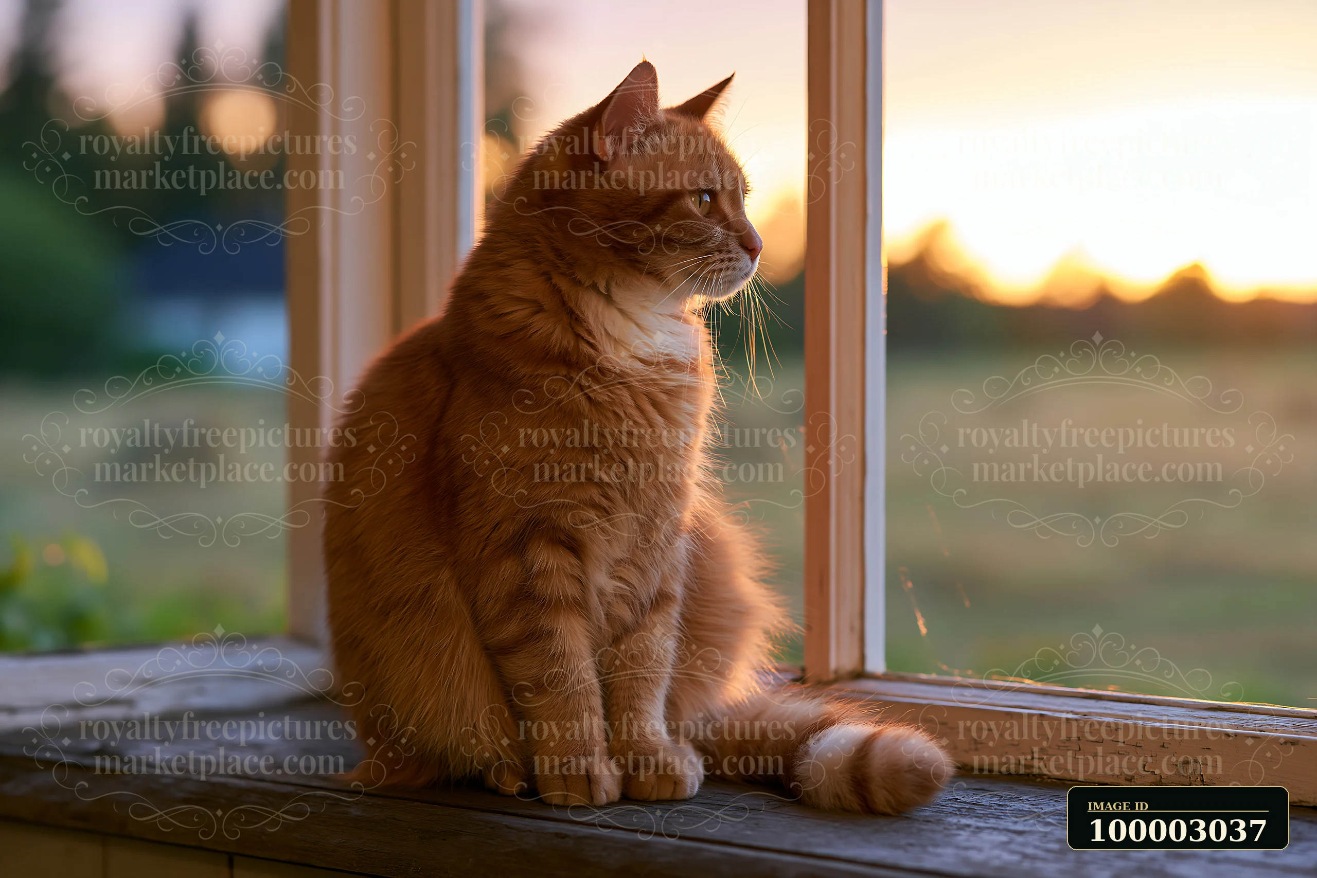 A cat sitting on a windowsill in a country house observes the sunset.