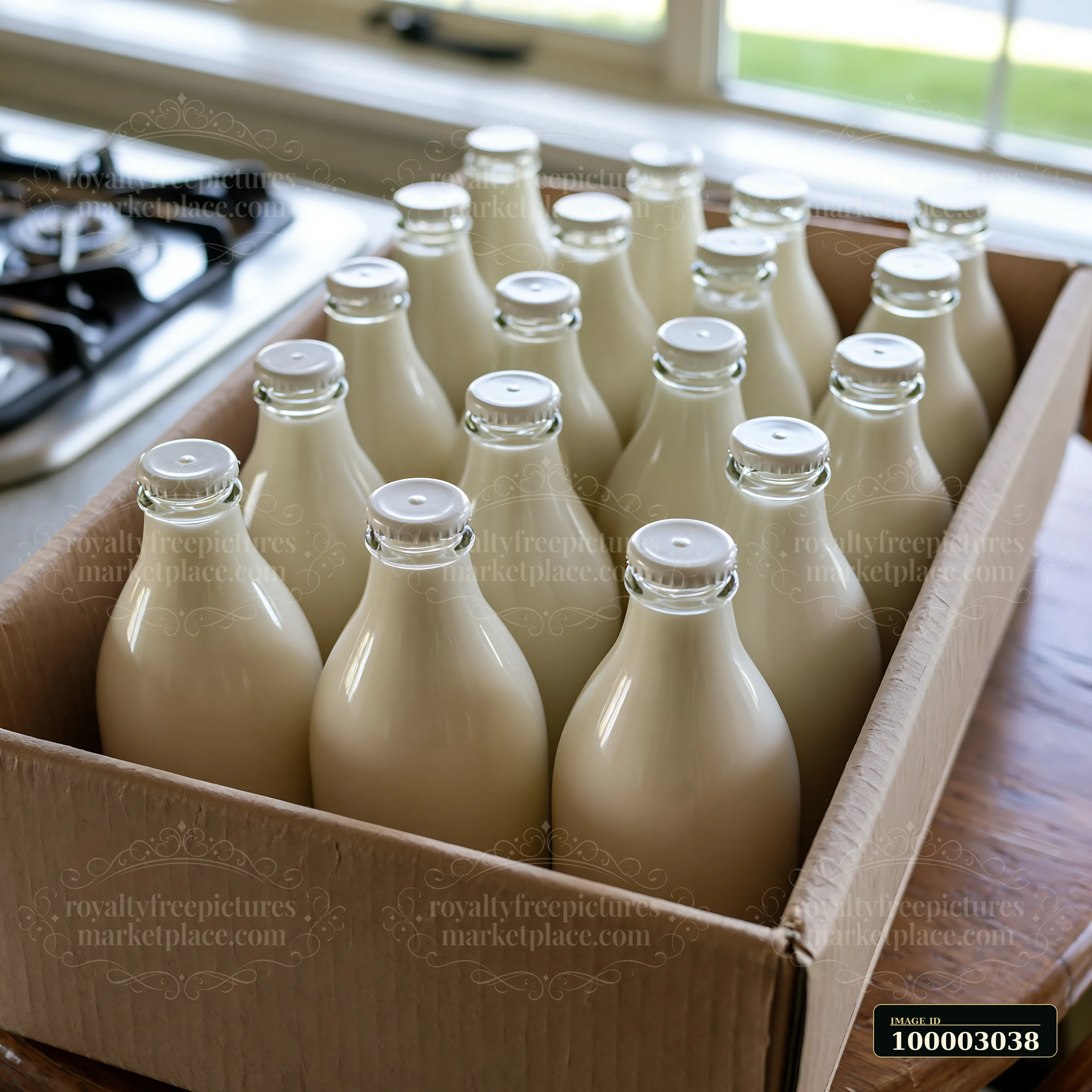 A box containing several milk bottles sits on a wooden table near a kitchen window.