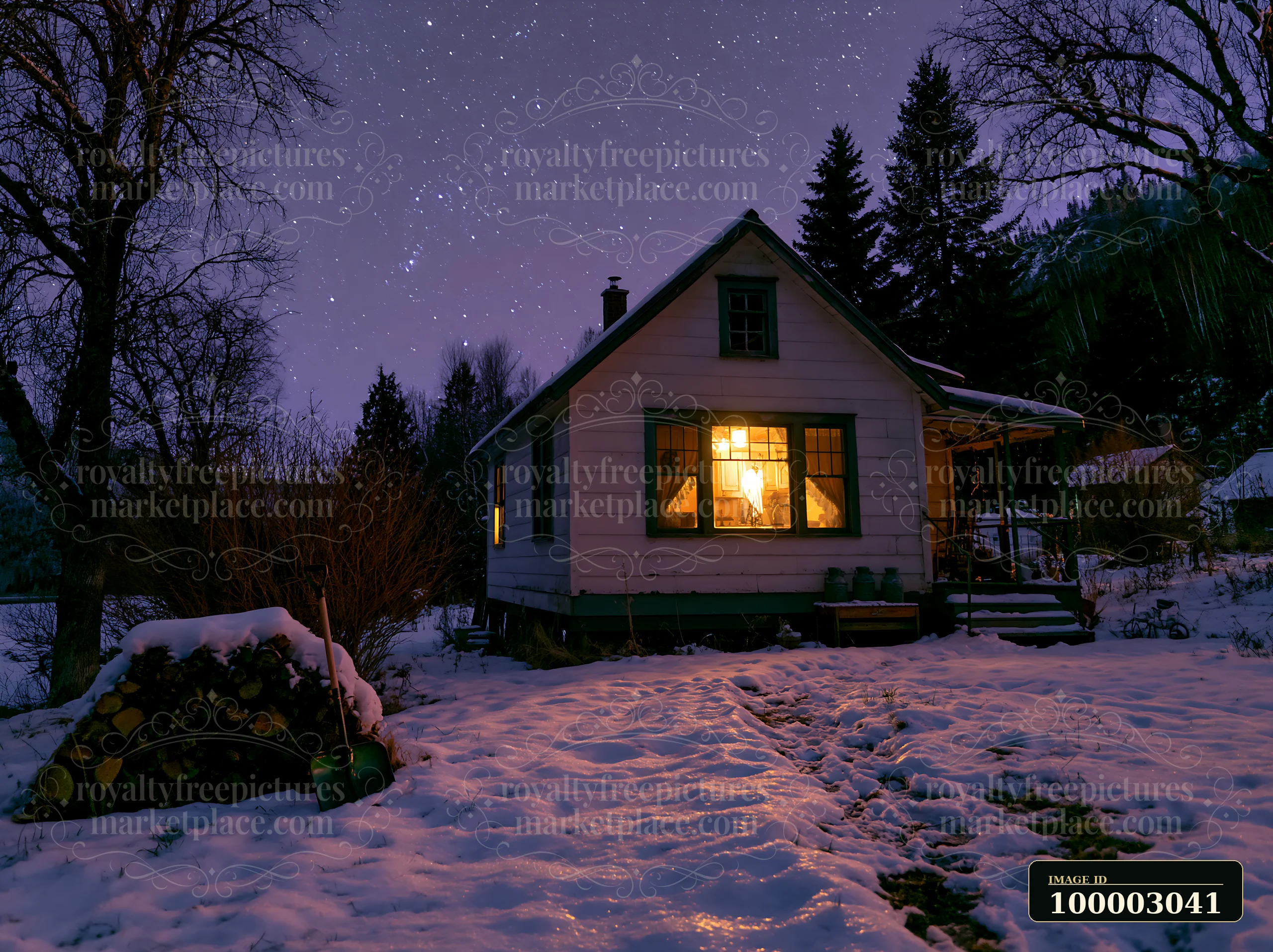A cozy home is lit up from within, surrounded by snow and trees, under a clear winter night sky filled with stars.
