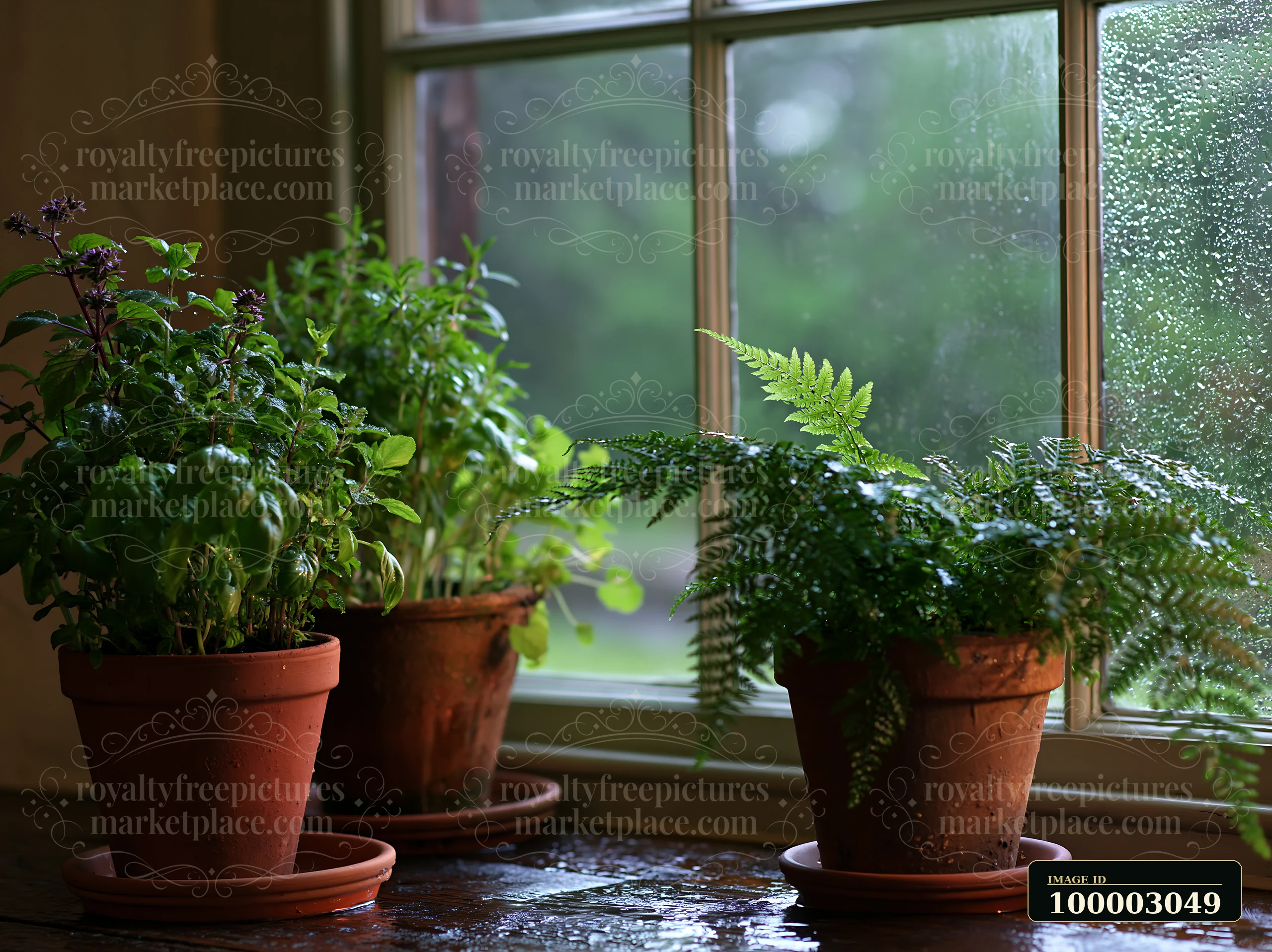 Rain on cottage window with potted plants indoors shows water droplets on glass with a view of green plants arranged by the window.