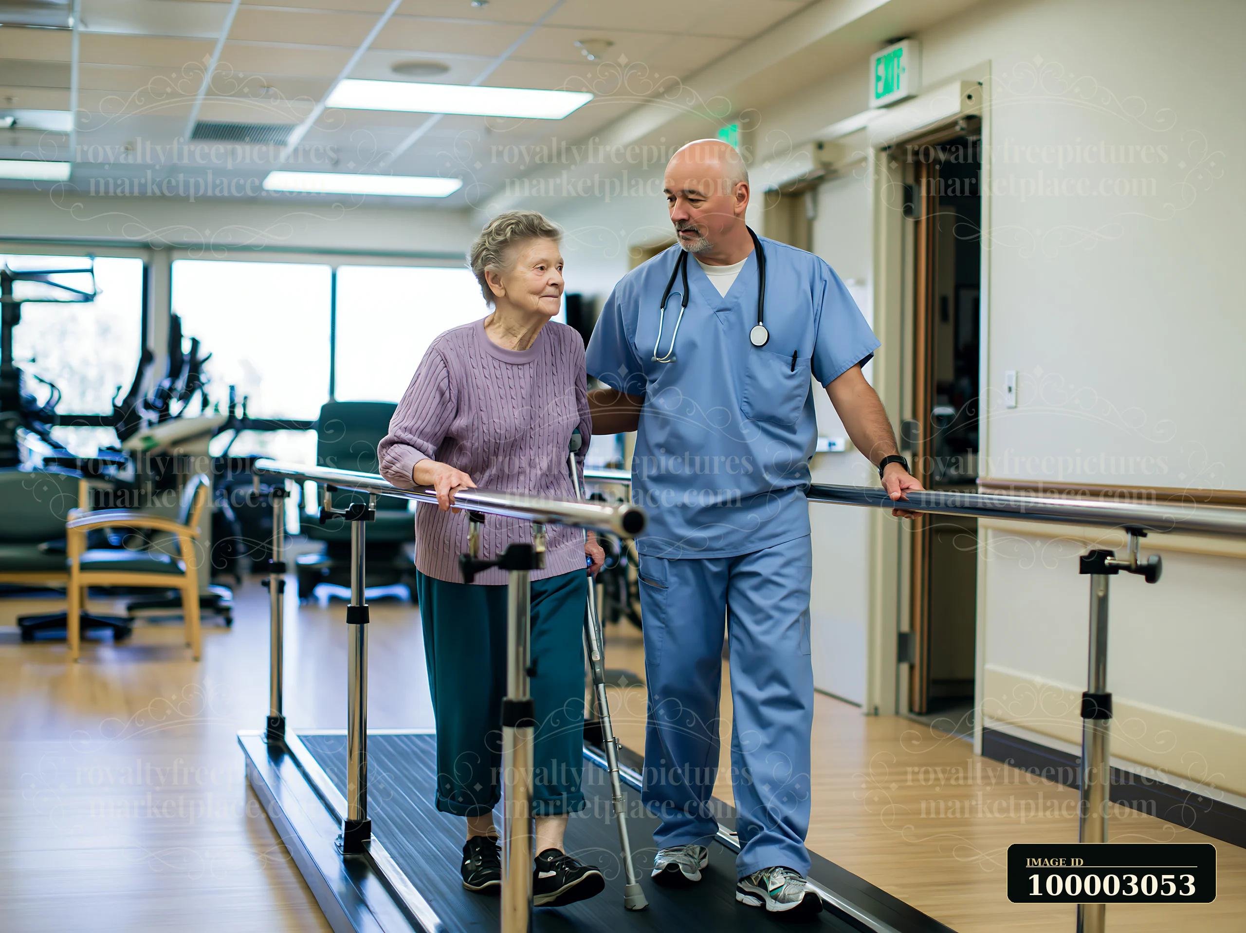 A medical professional measuring elderly patient's gait in a rehabilitation facility.