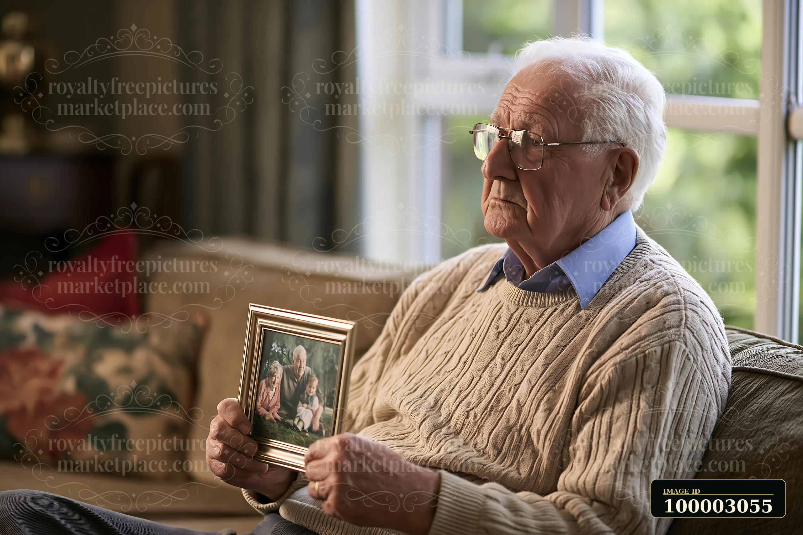 A senior man with Alzheimer's holding a photo of family sits on a couch in a well-lit living room.