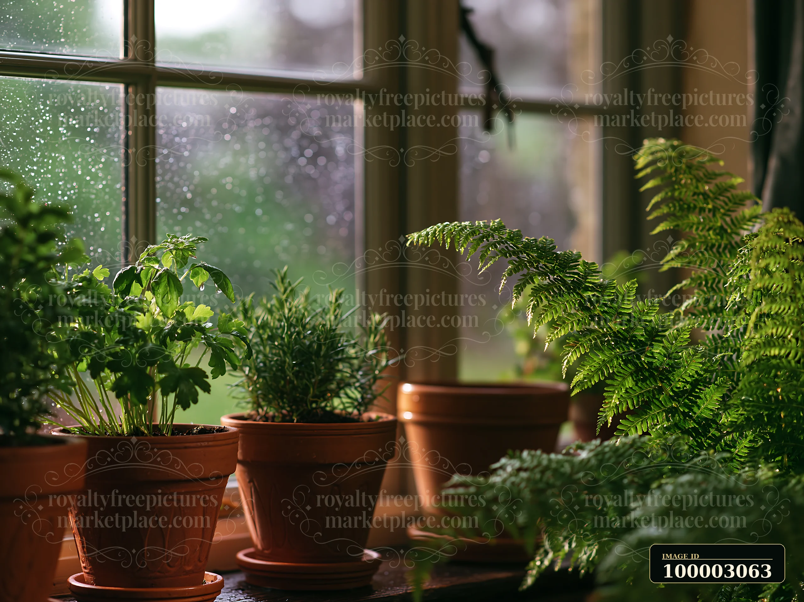 Raindrops can be seen on a cottage window while several potted plants sit on the windowsill.