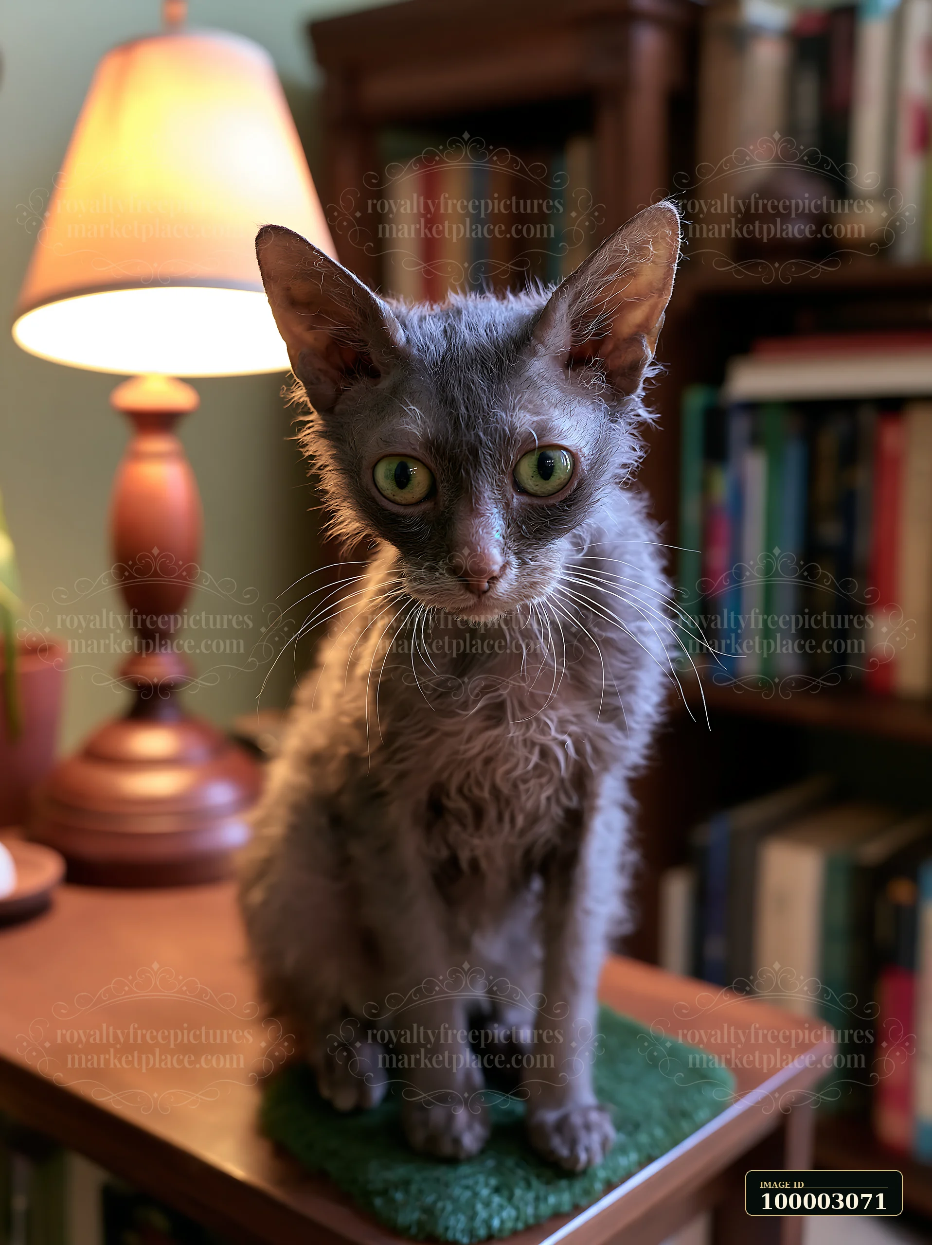 A Lykoi cat sits on a green mat atop a wooden table.