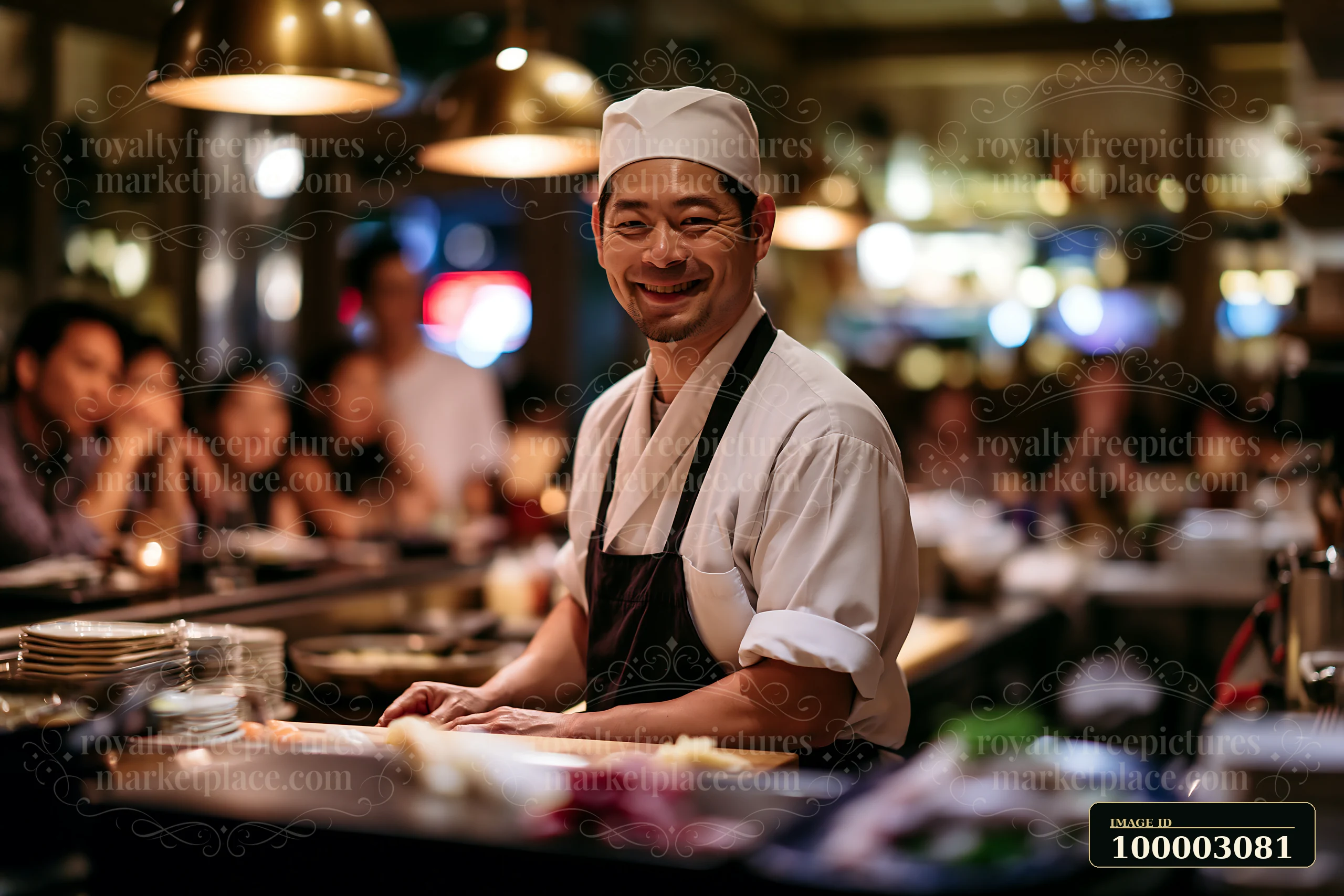 A sushi chef greeting diners at an upscale restaurant during the evening.