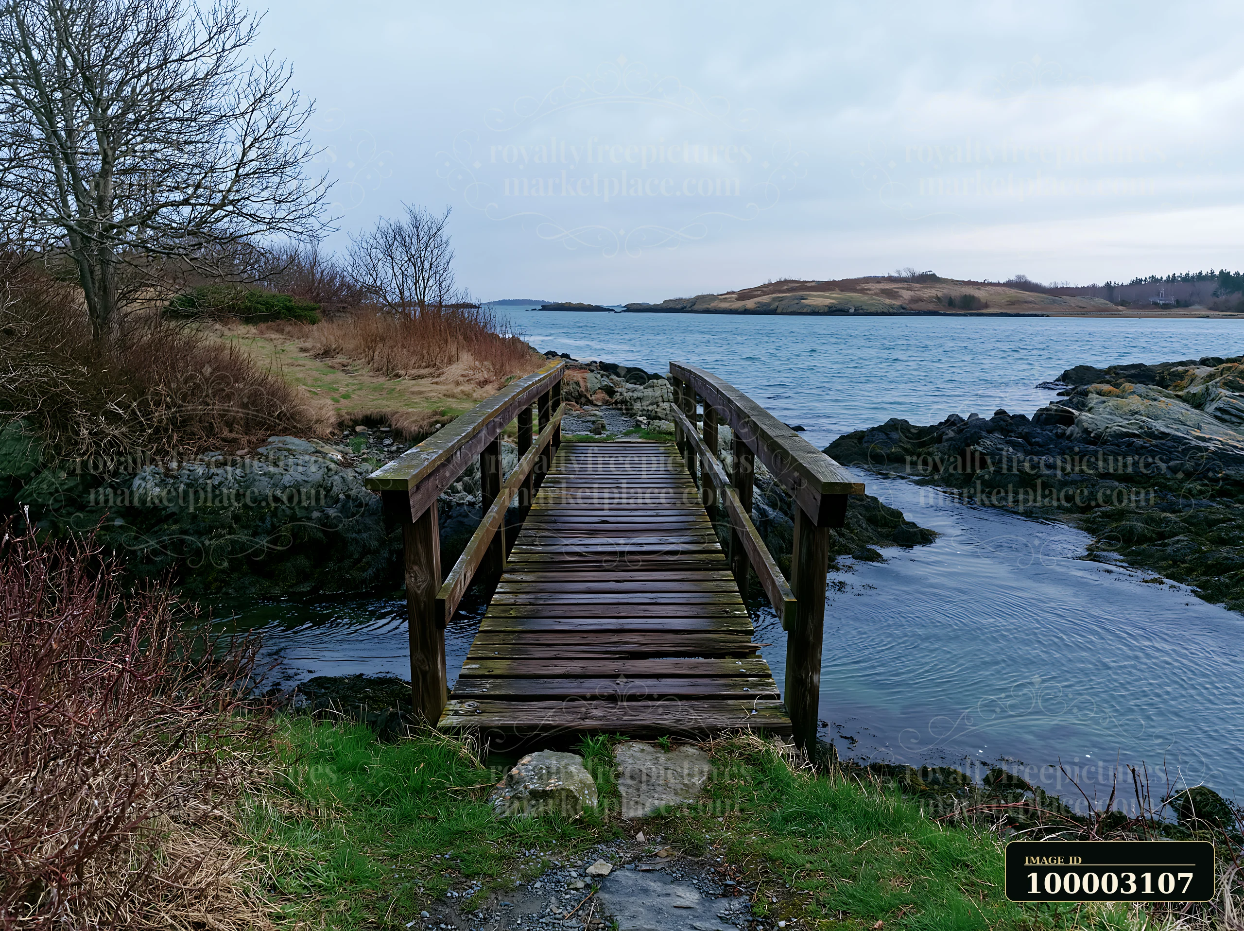 A wooden bridge leads over calm water to a rocky coastline with exposed rocks.