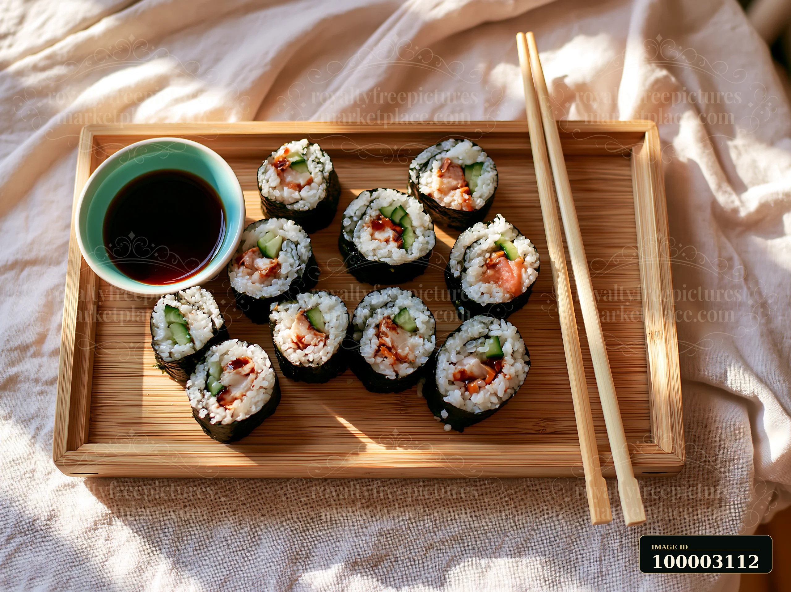 Fresh sushi rolls served on a bamboo tray with a small bowl of soy sauce and chopsticks beside it.