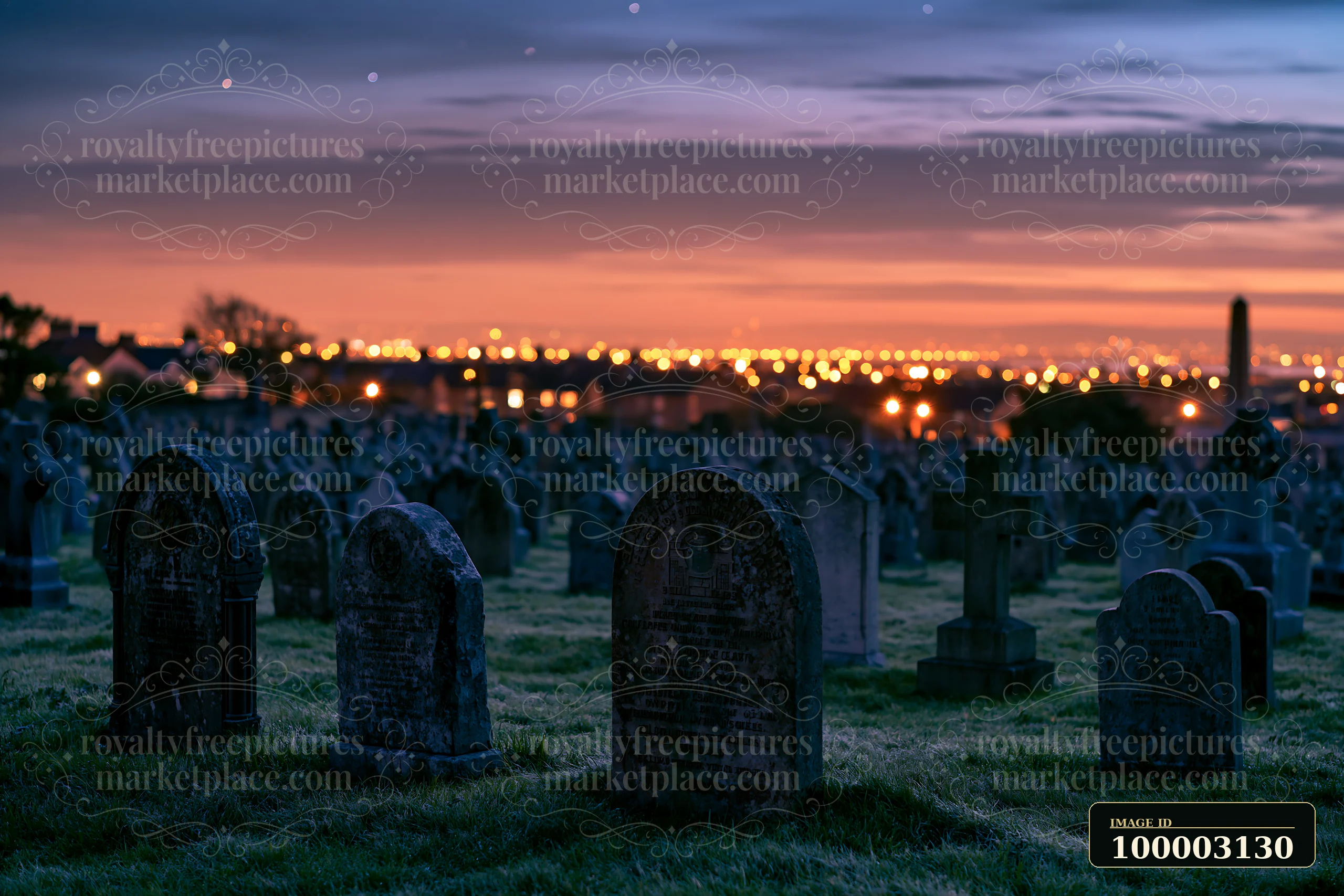 Gravestones stand in a war cemetery, while distant city lights shine under a starry sky.