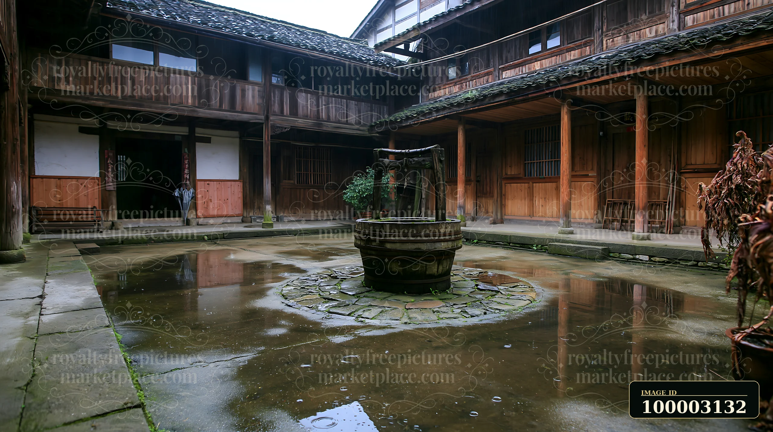 A rustic farmhouse courtyard with well stands in the center, featuring wooden structures around it.