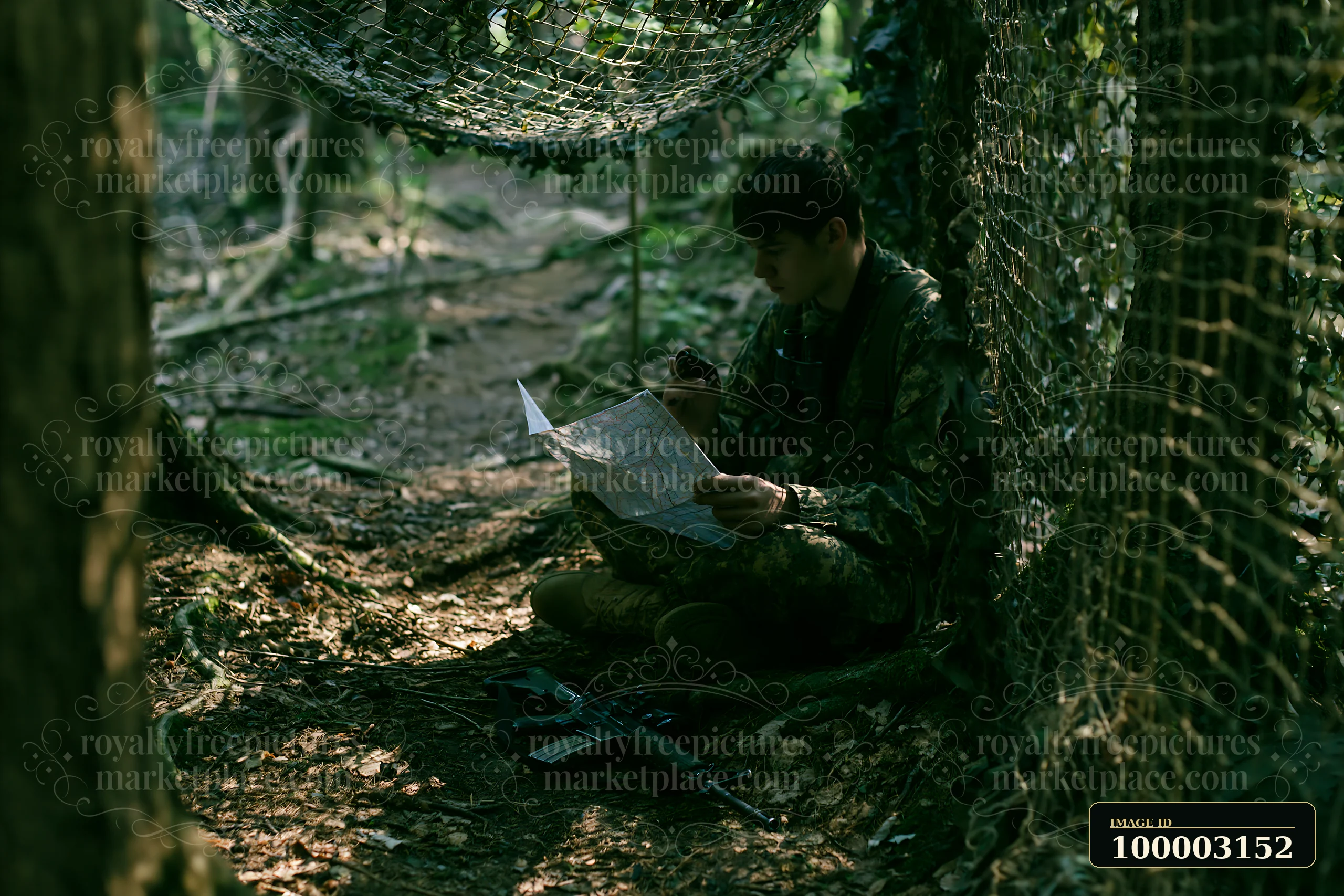 A soldier under camouflage netting studies a map while seated on the ground in a wooded area.