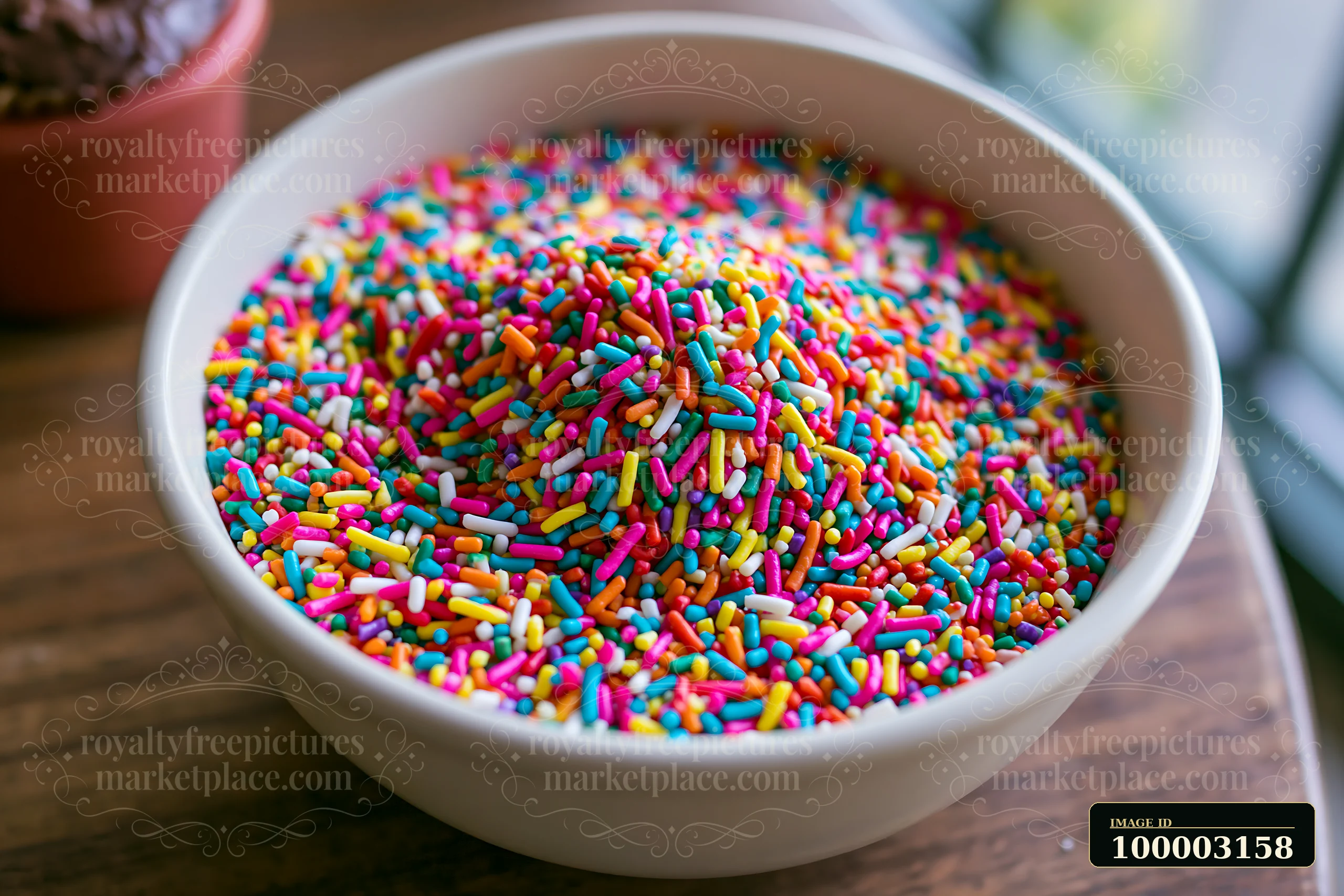 Rainbow sprinkles arranged in a swirl are displayed in a white bowl on a wooden surface.
