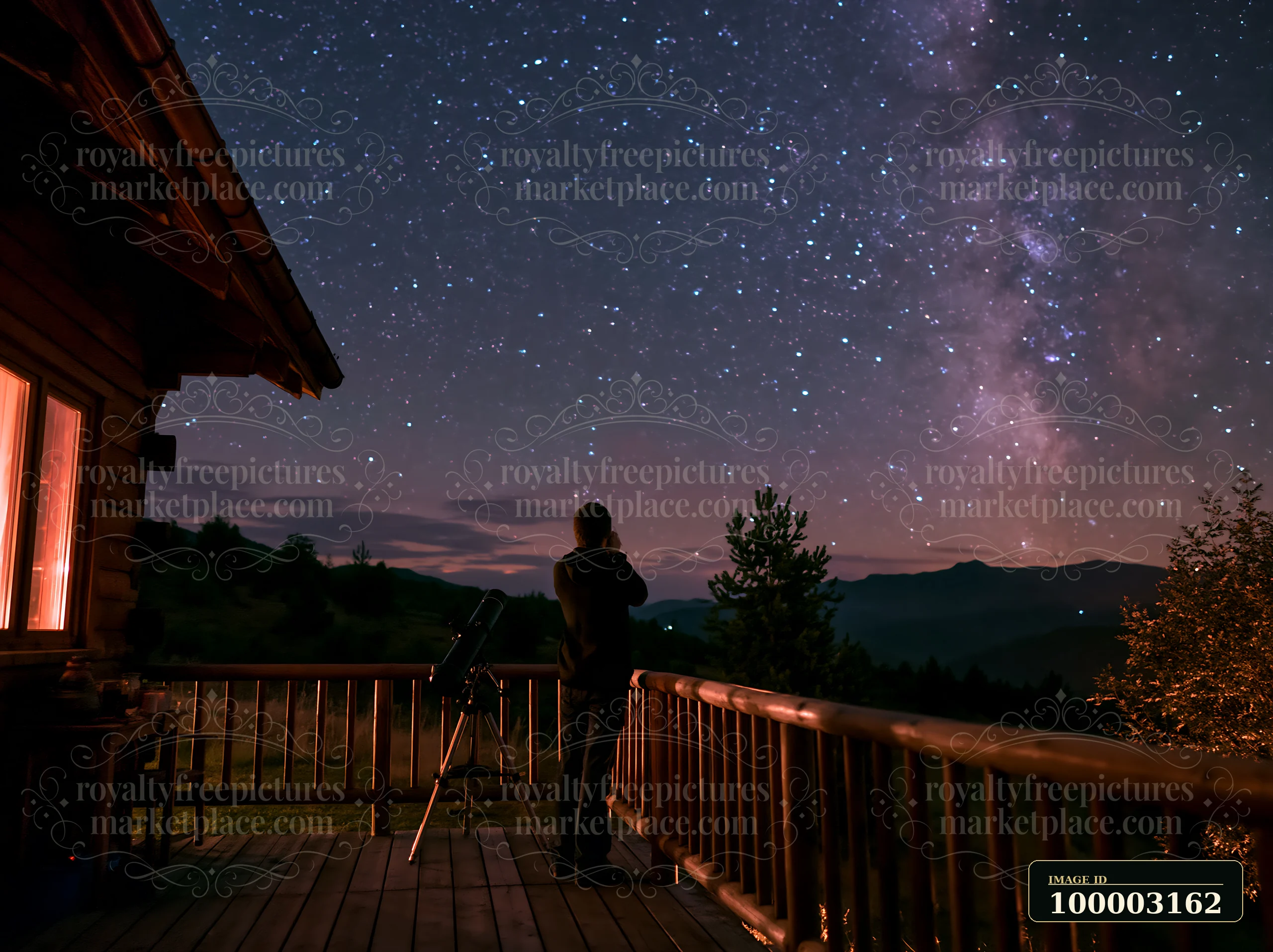 A person photographing stars from a mountain balcony with a telescope nearby.