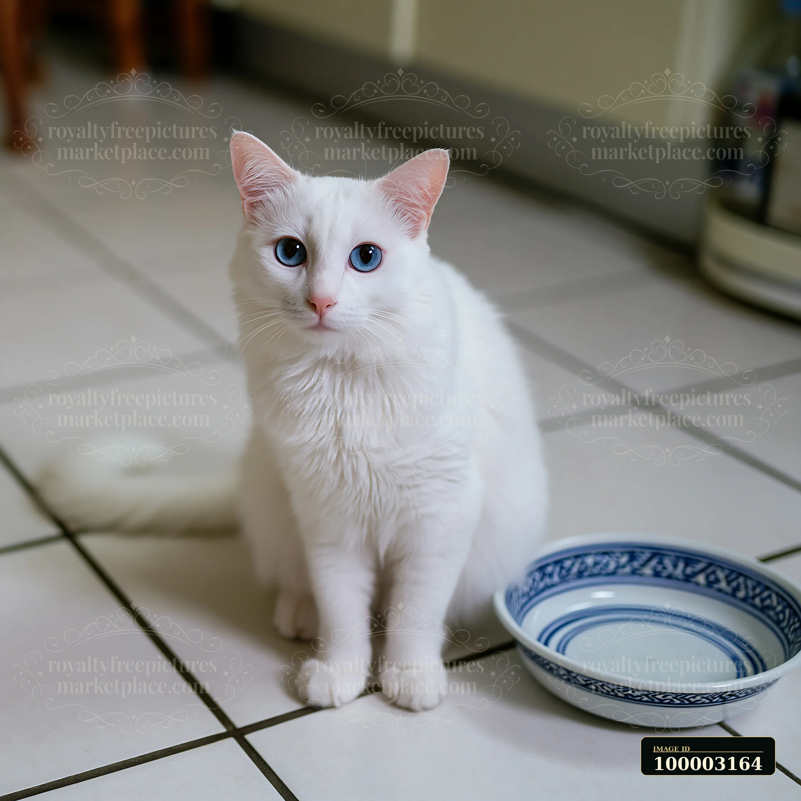 A Khao Manee cat sits beside an empty food bowl in a kitchen.