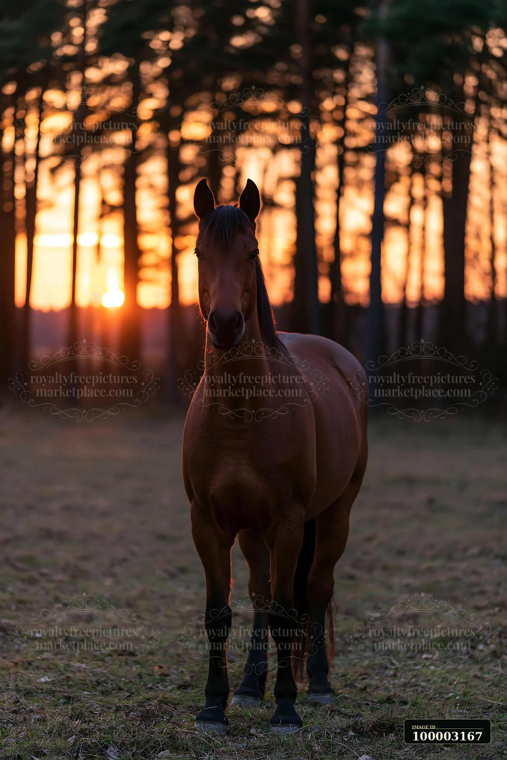 A horse stands in a field at sunset, with the sun setting behind tall trees.