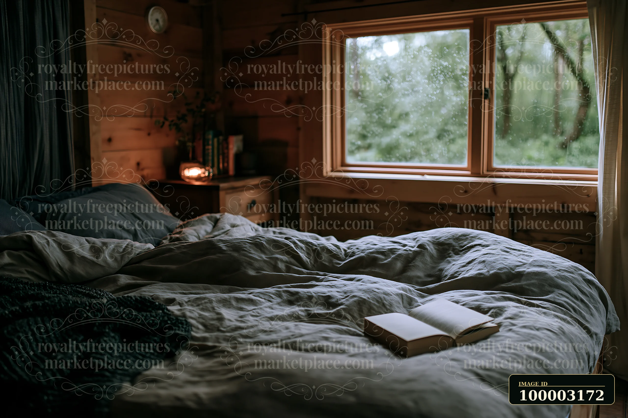 A cozy bedroom features linen bedding on a large bed, with a book resting open beside it.
