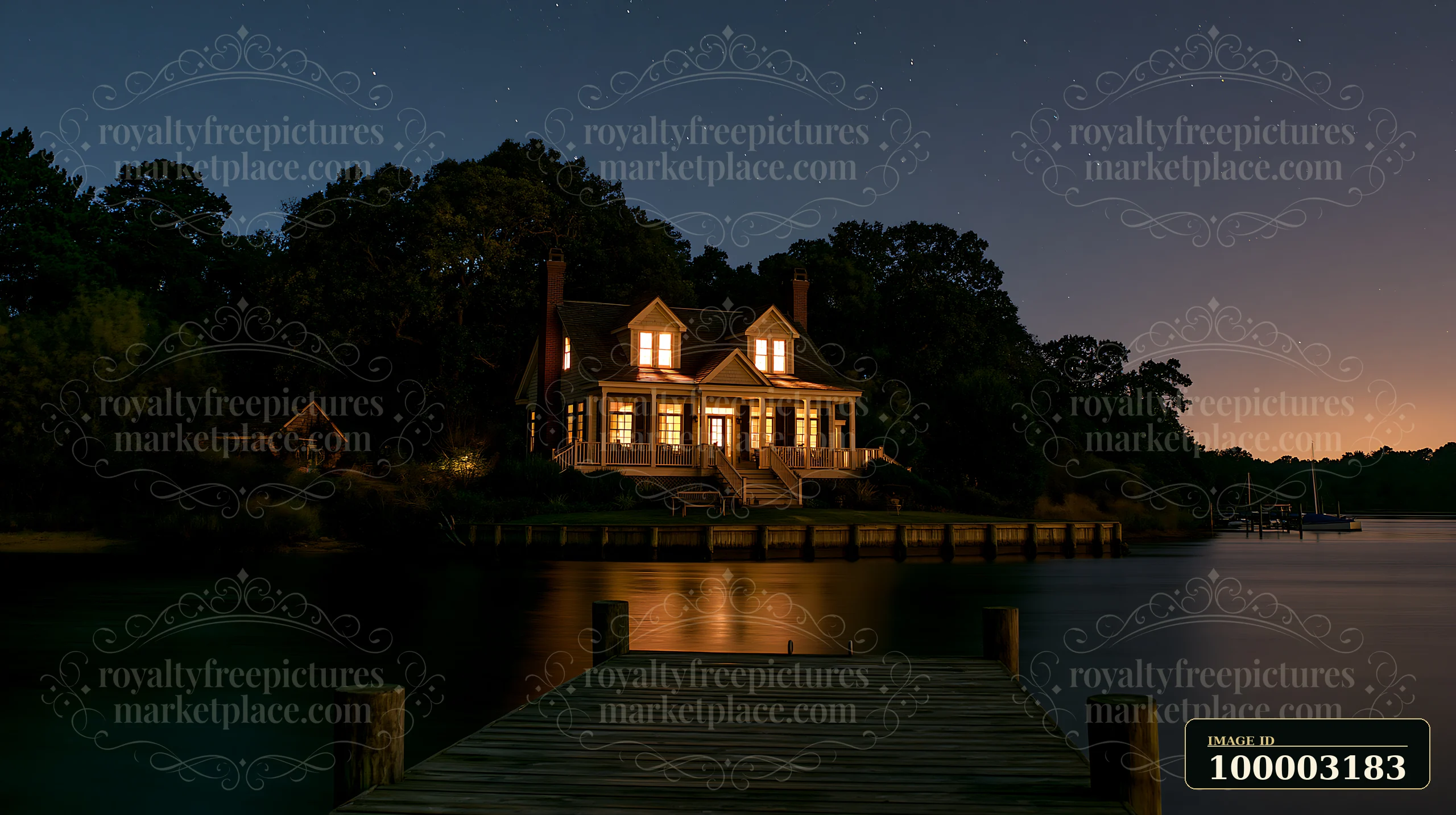 A villa stands by the water under a star-filled sky, with bright windows reflecting on the surface.