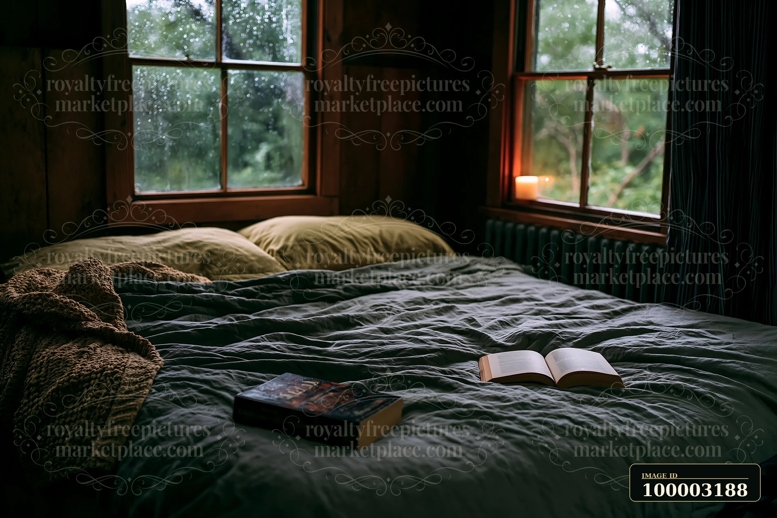 A rustic bedroom features linen bedding with a book lying open on the bed.