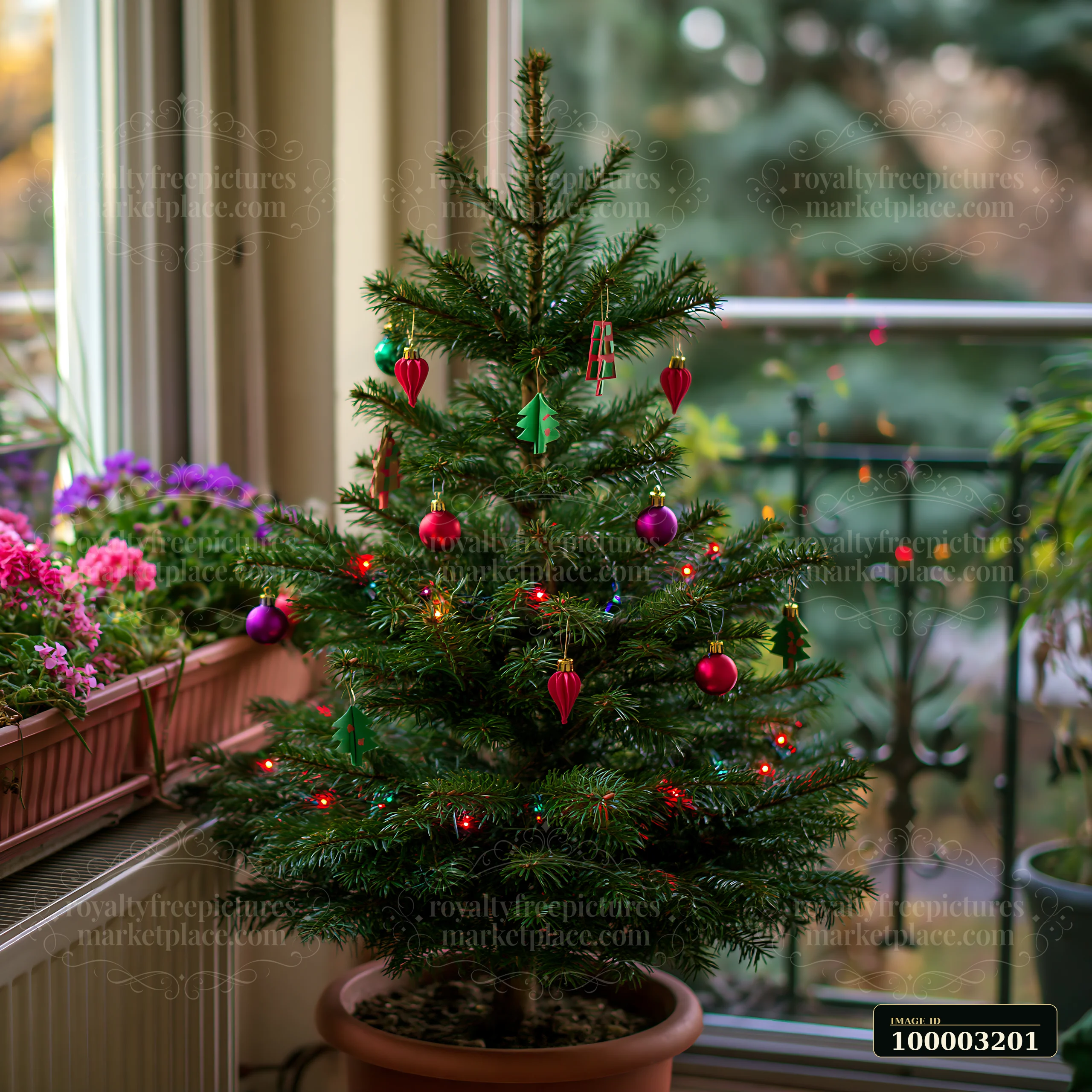 A small Christmas tree decorated with colorful ornaments and lights stands on a balcony surrounded by potted flowers and greenery.
