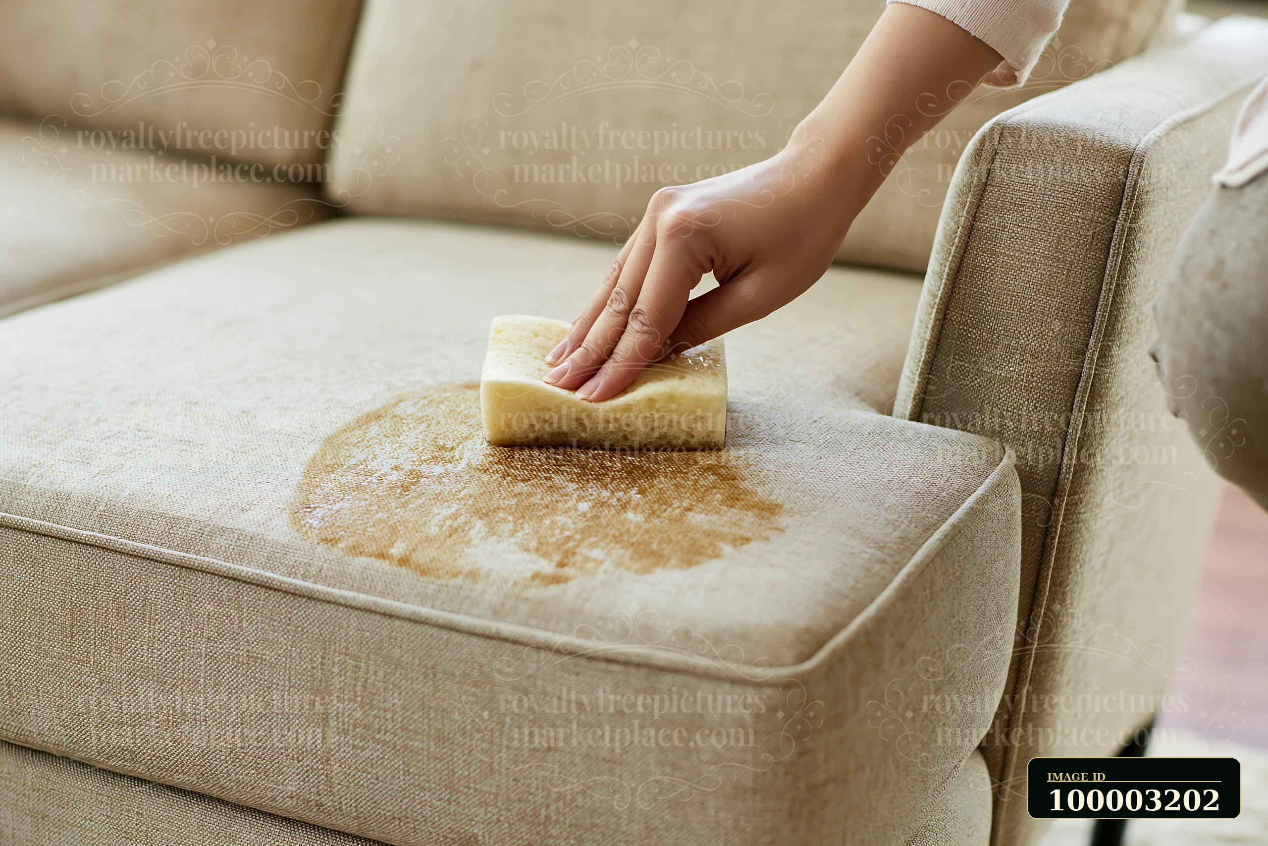 A hand uses a sponge cleaning upholstery stain on a light fabric couch in a living room setting, showing the action of stain removal.