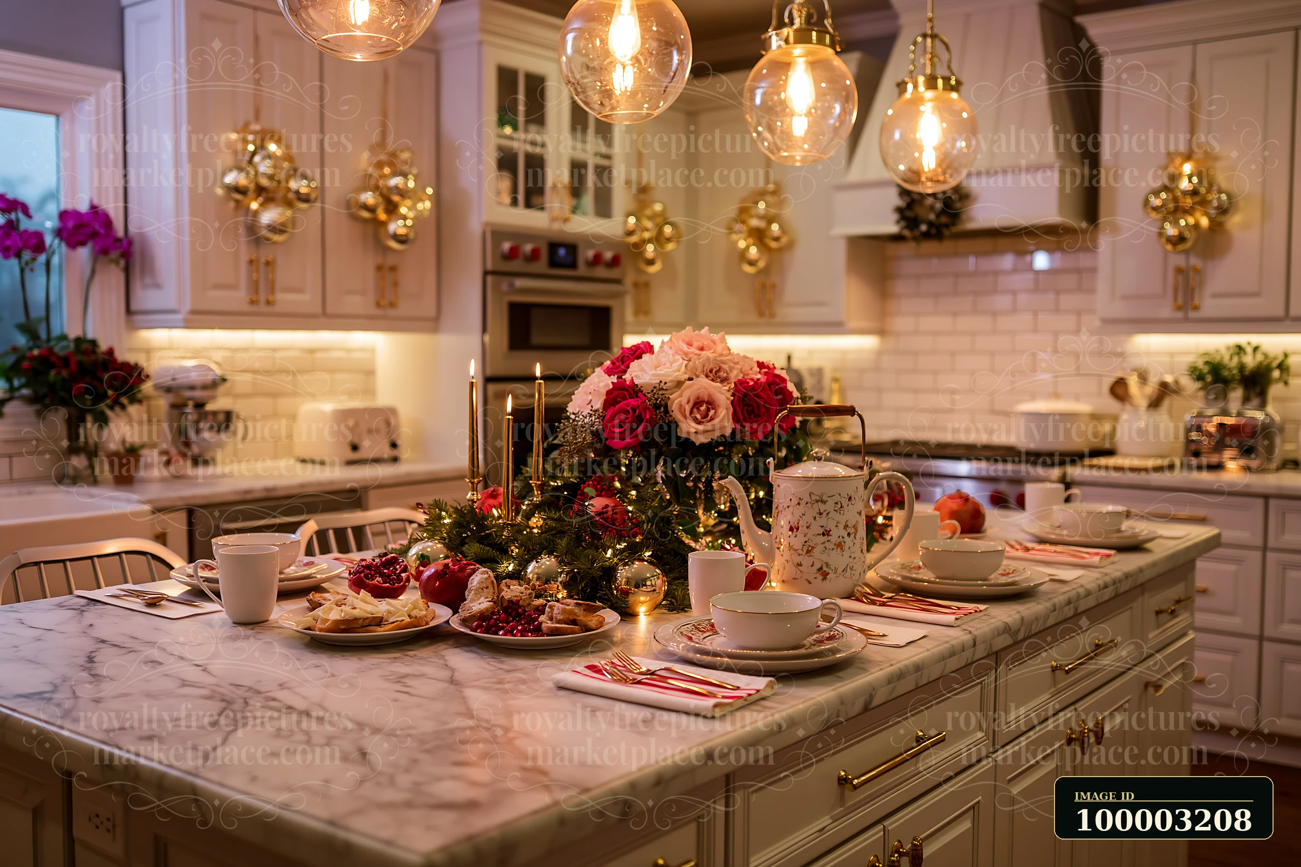 This kitchen features gold Christmas decorations, a festive table setting with food and drinks, and colorful flowers, creating a warm holiday atmosphere perfect