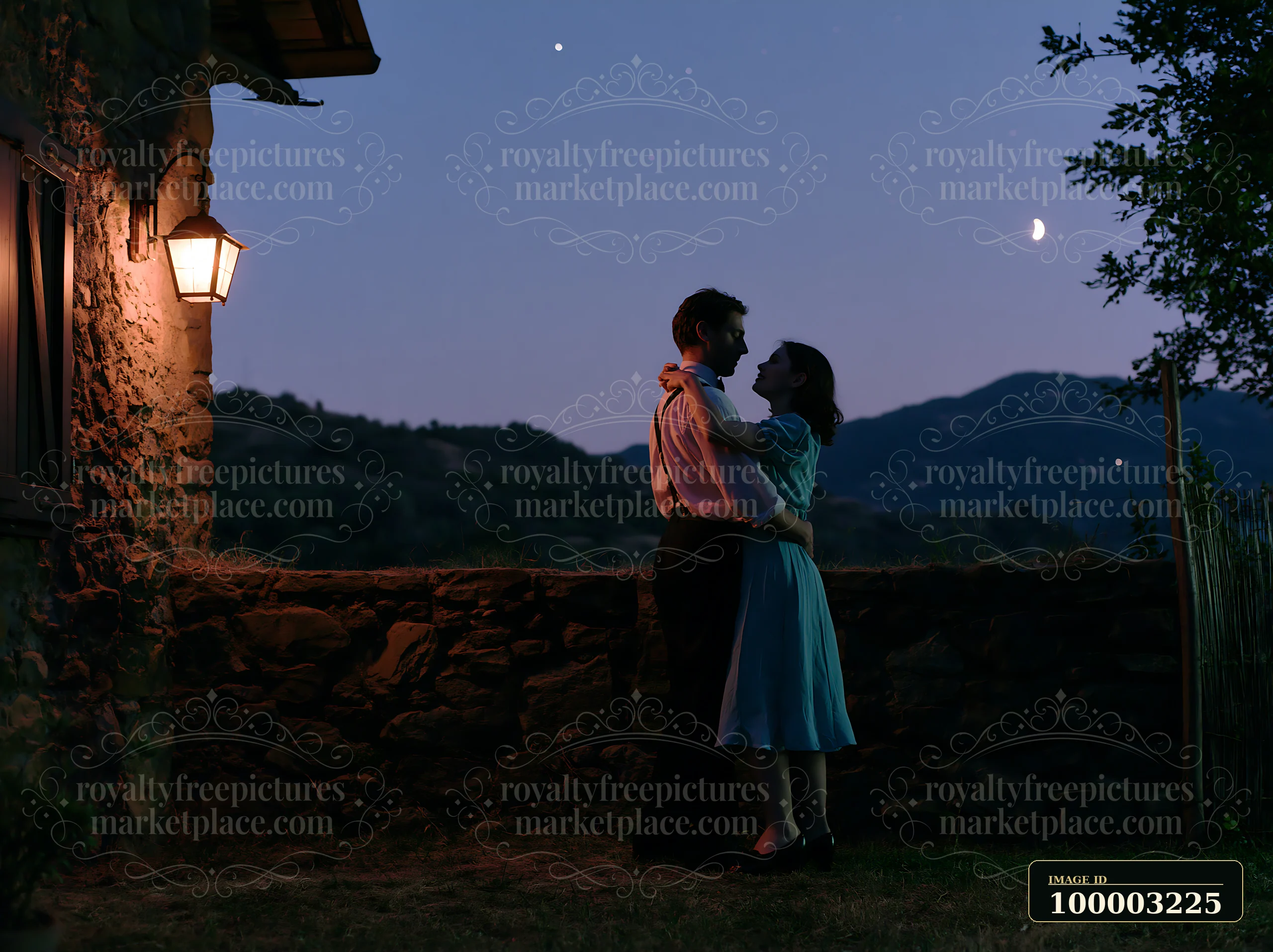 A couple dancing under stars outdoors near a rustic home in the countryside.
