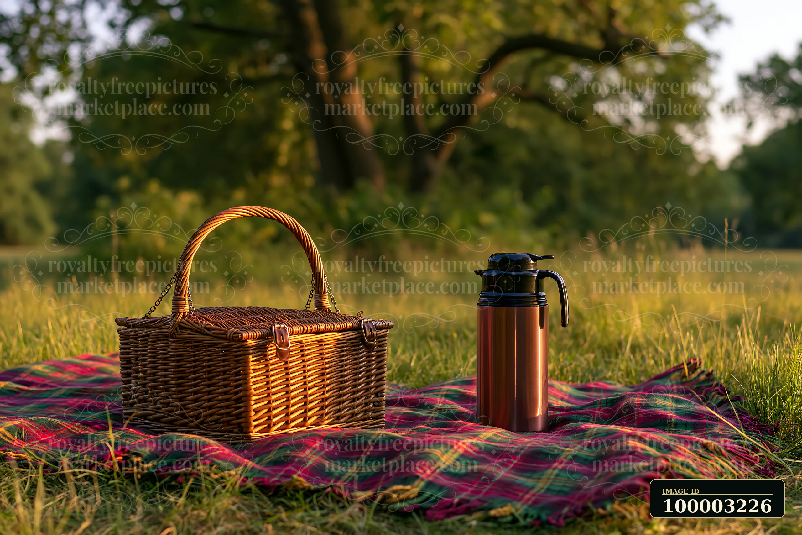 A picnic basket and a thermos sit on a plaid blanket in the grass of a freshly mowed meadow.