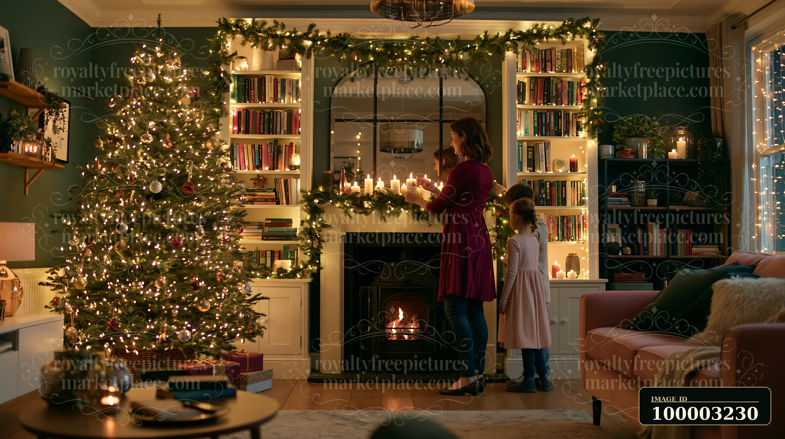 A woman places candles on a mantel while a child watches in a festive living room.