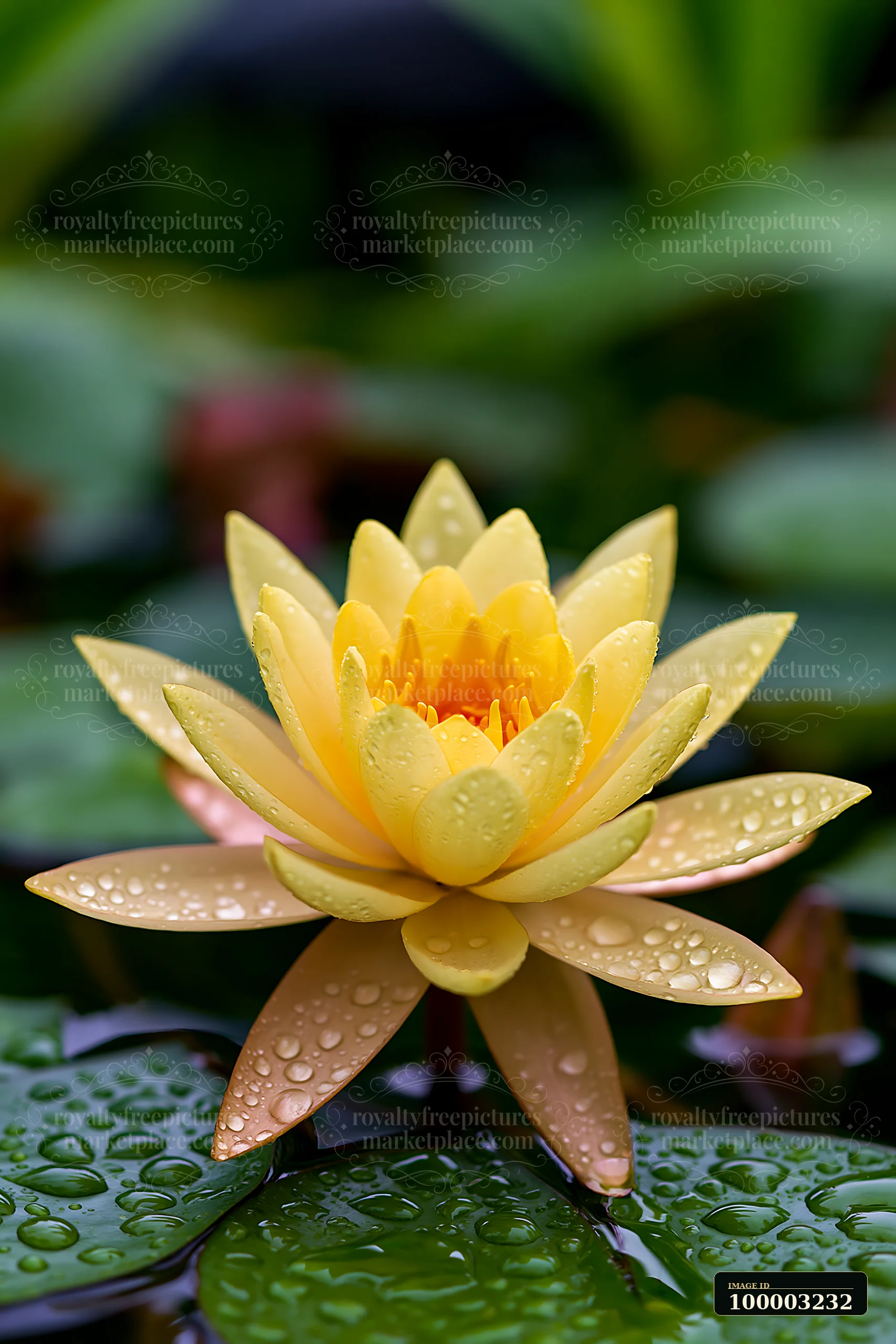 Yellow water lily in small pond shows vibrant petals and raindrops.