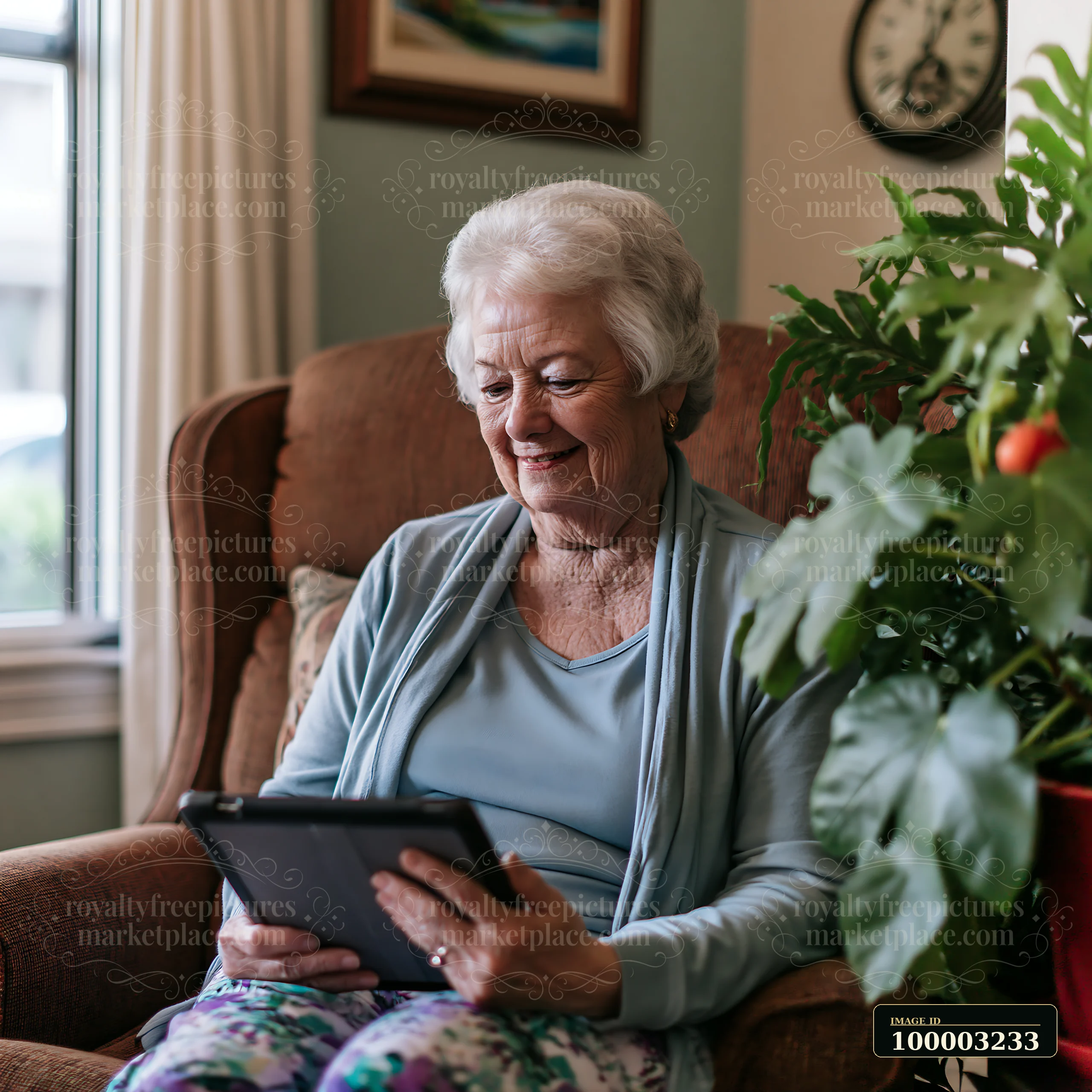 A senior woman with Parkinson's disease sits comfortably in a chair, using a tablet at home.