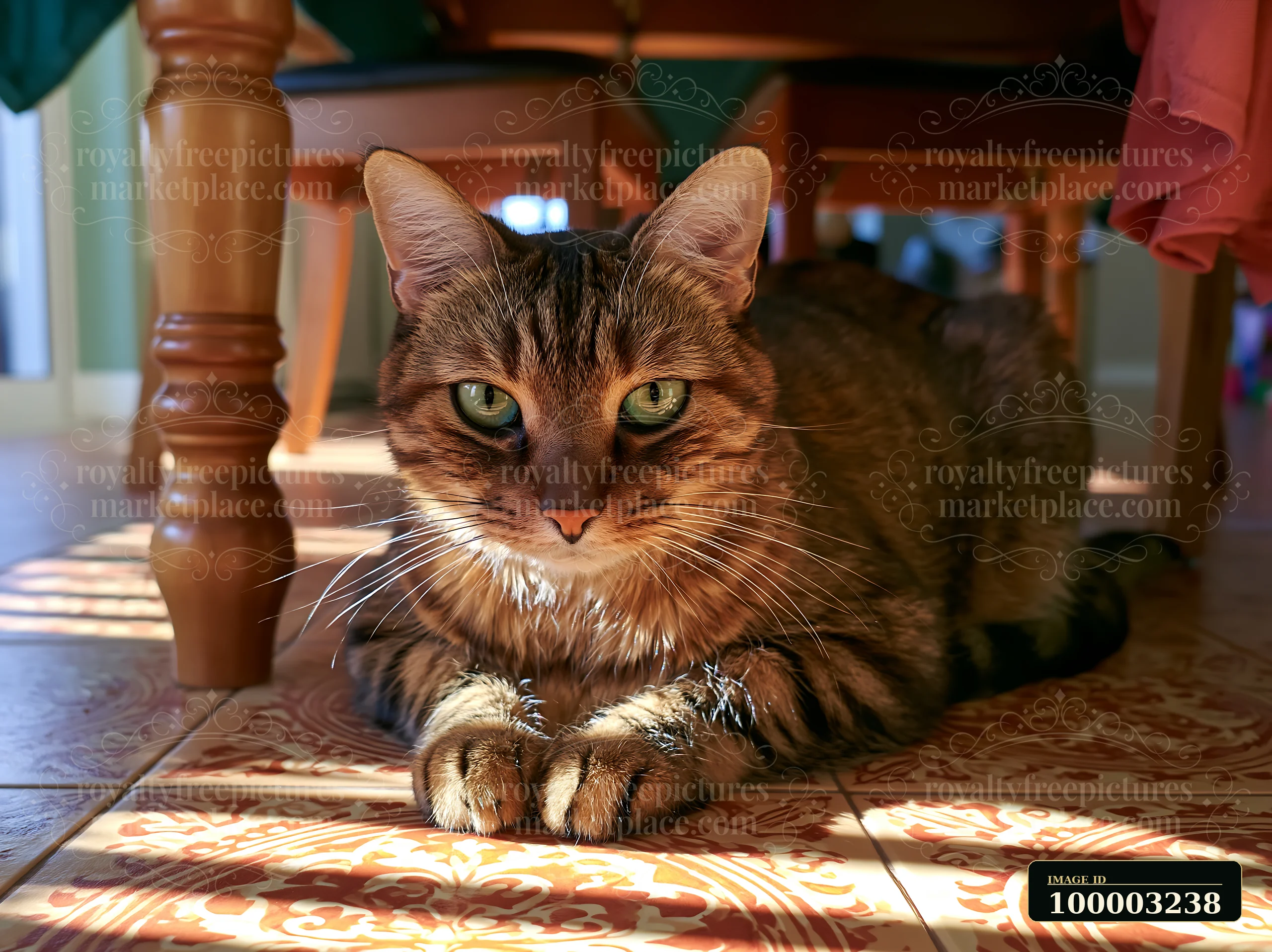 An Australian Mist cat lies on a patterned floor beneath a table, showcasing its features and relaxed posture in a well-lit room.