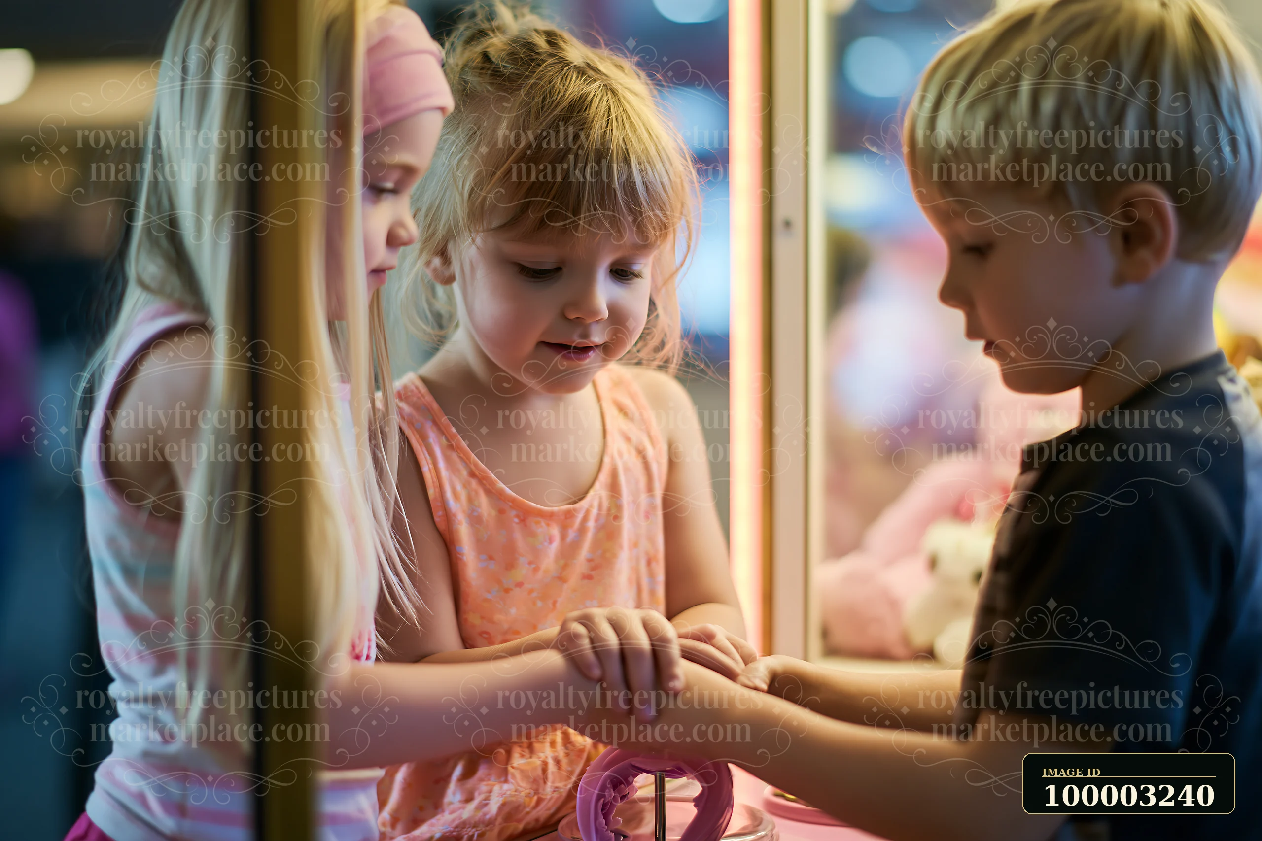 Three siblings are engaged in a claw-style prize game at an arcade.