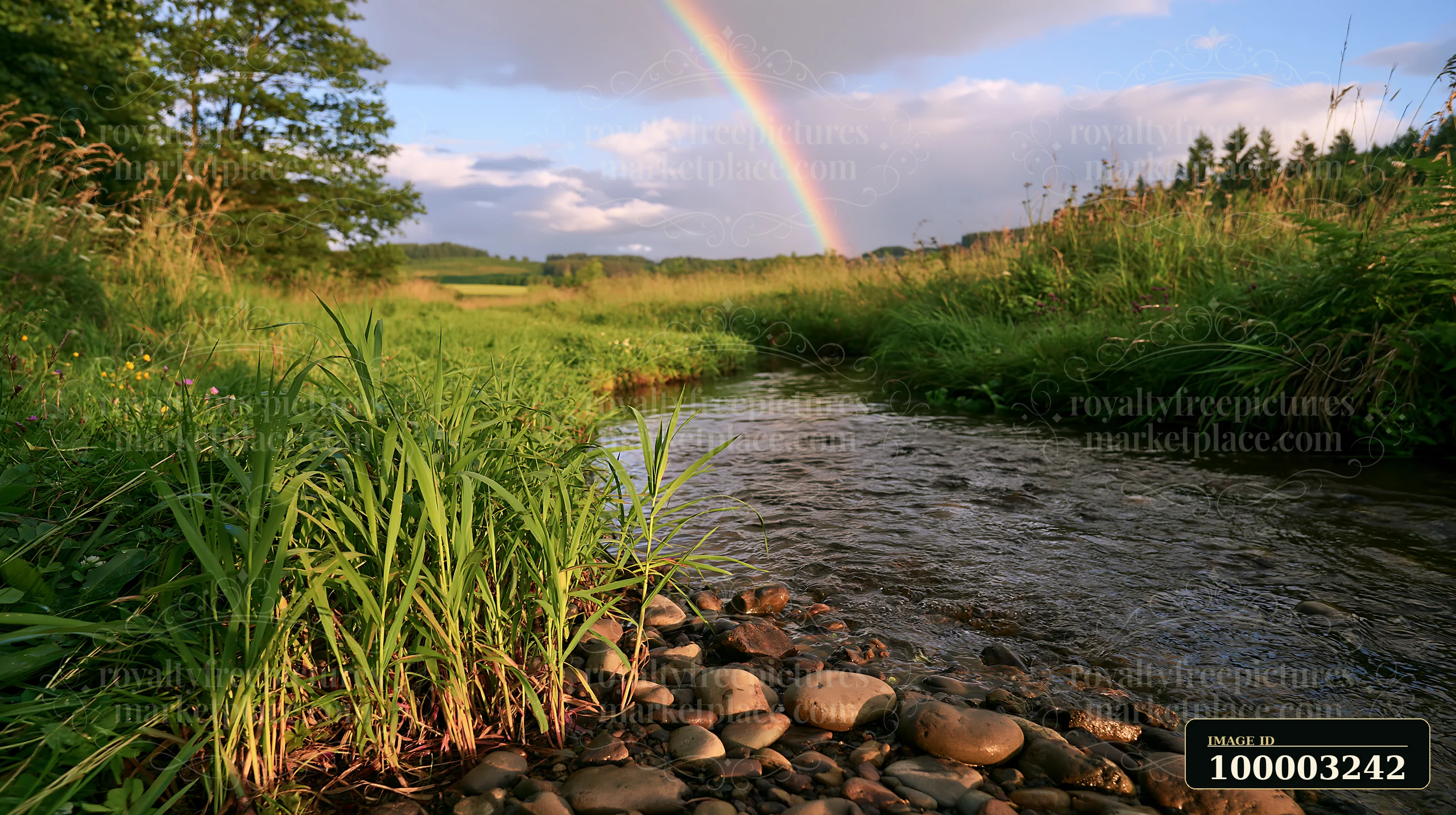 A stream flows through a meadow beneath a rainbow.