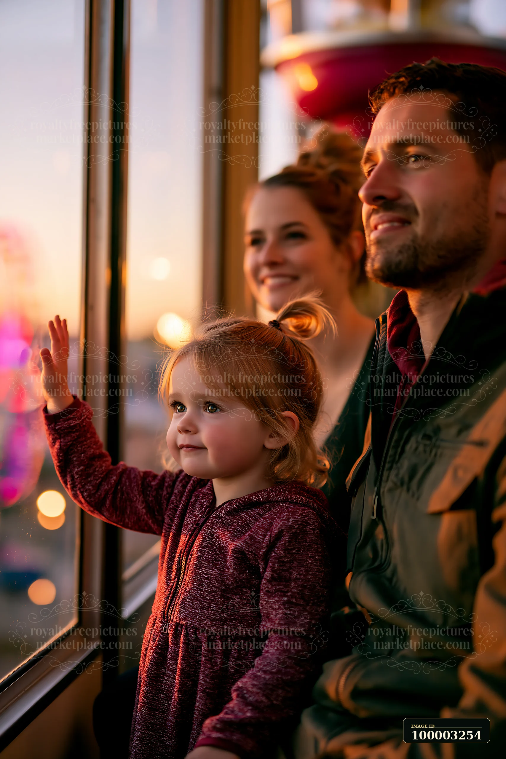 A family enjoying a quiet moment on a Ferris wheel watches the sunset.