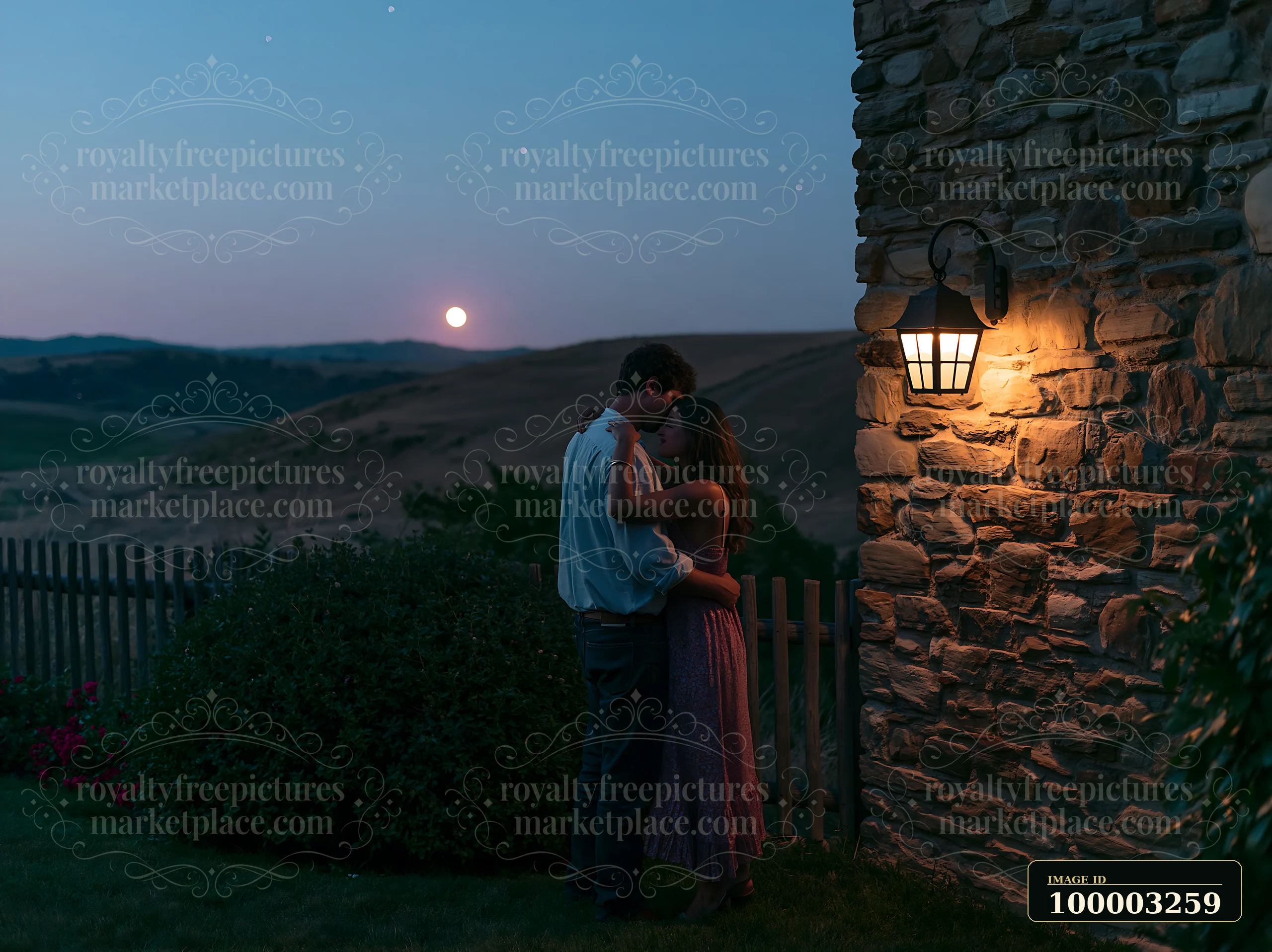 A couple dancing under stars outdoors, close to a stone building, with a lantern providing light as the moon rises over the hills in the background during twili