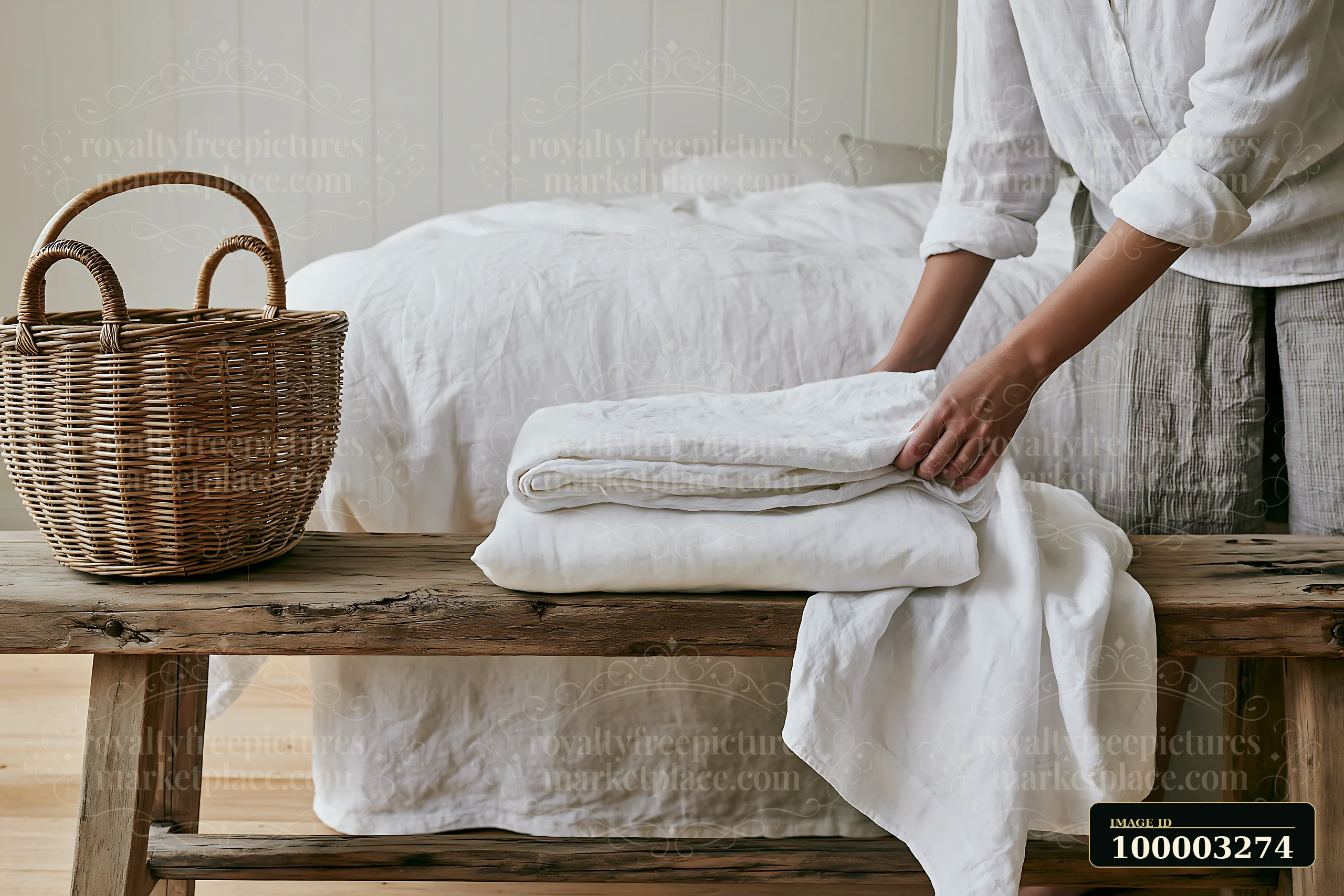 A person arranges folded linen bedding on a wooden bench in a rustic bedroom.