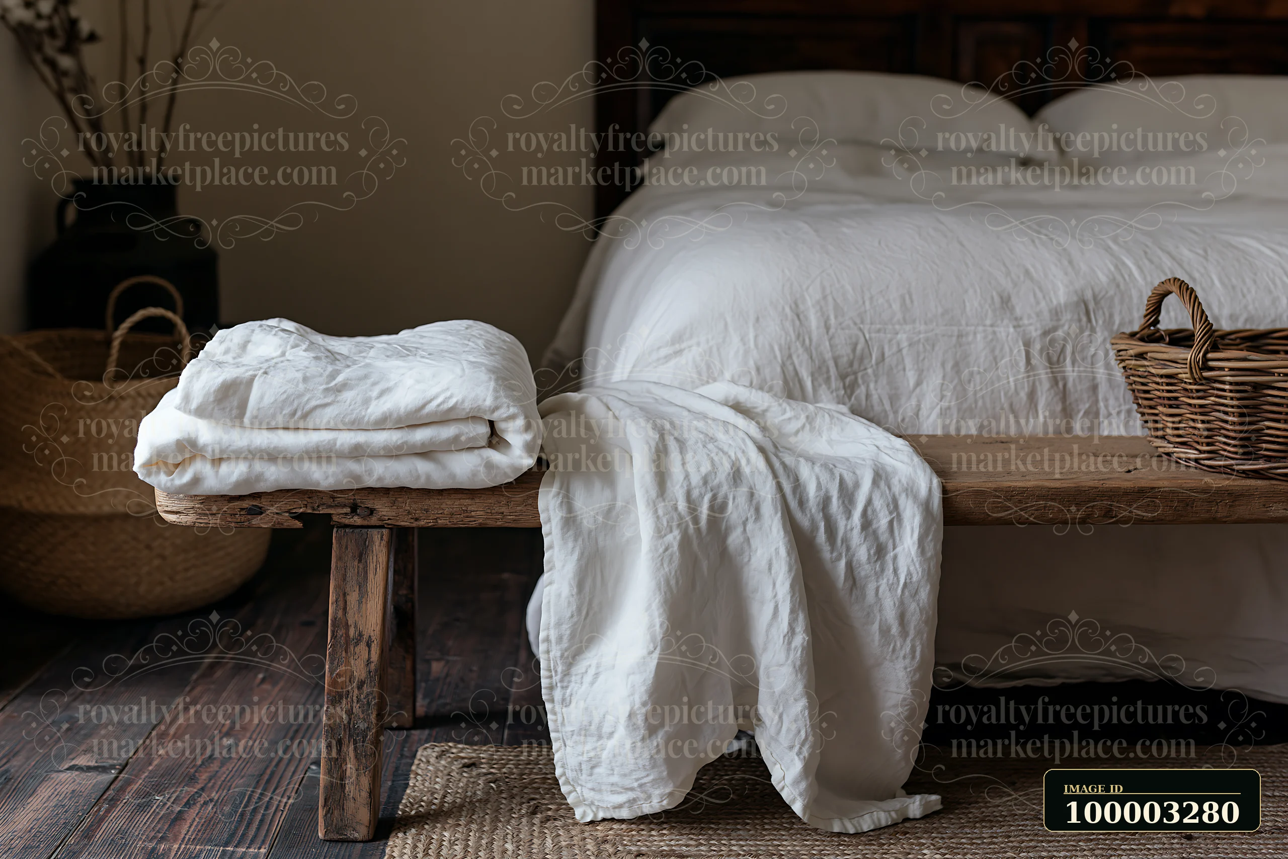 A rustic bedroom features a wooden bench with neatly folded linen items beside a large bed.