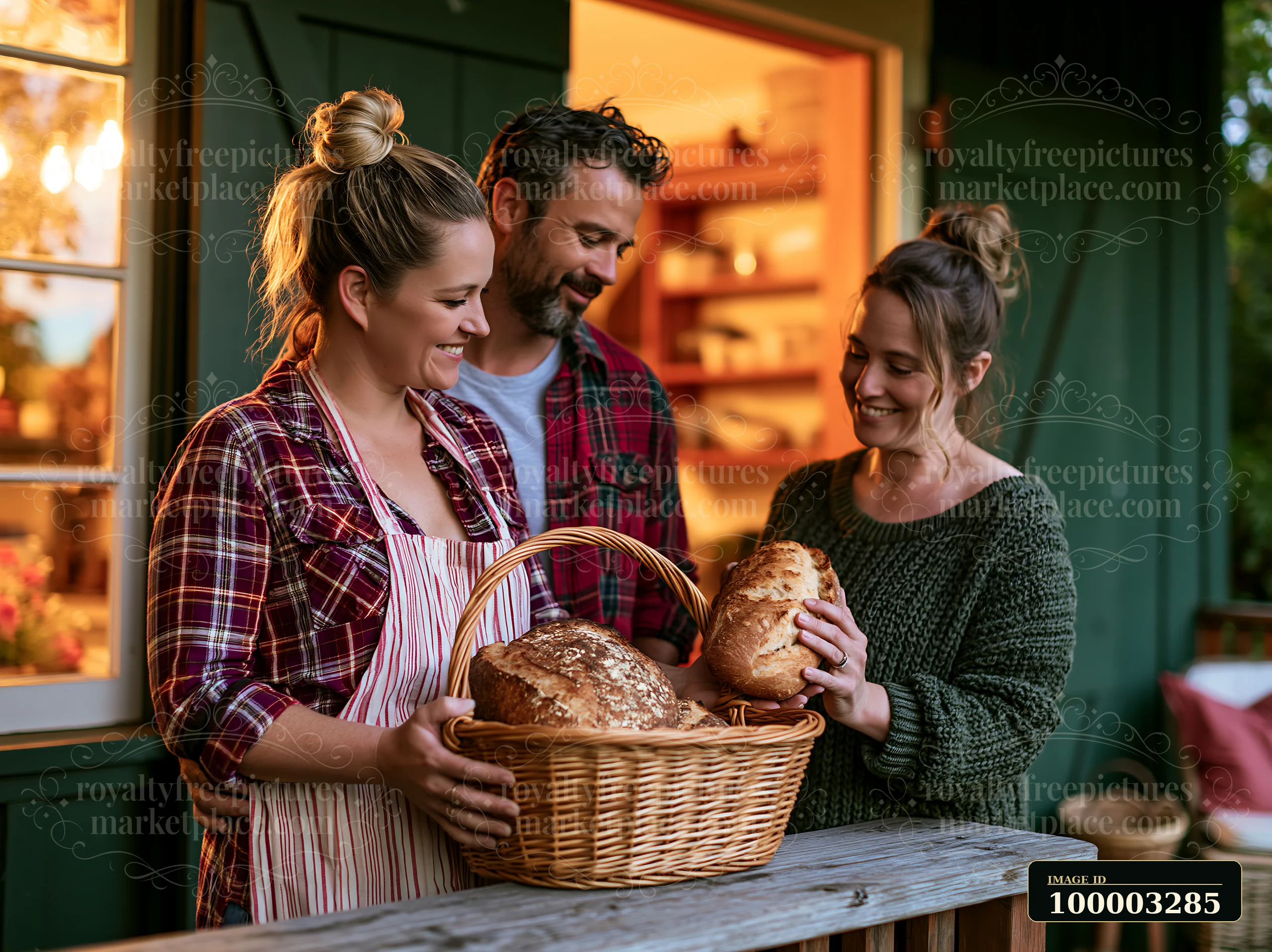 A couple on cottage porch holds a basket of fresh baked bread while a friend admires their gift.