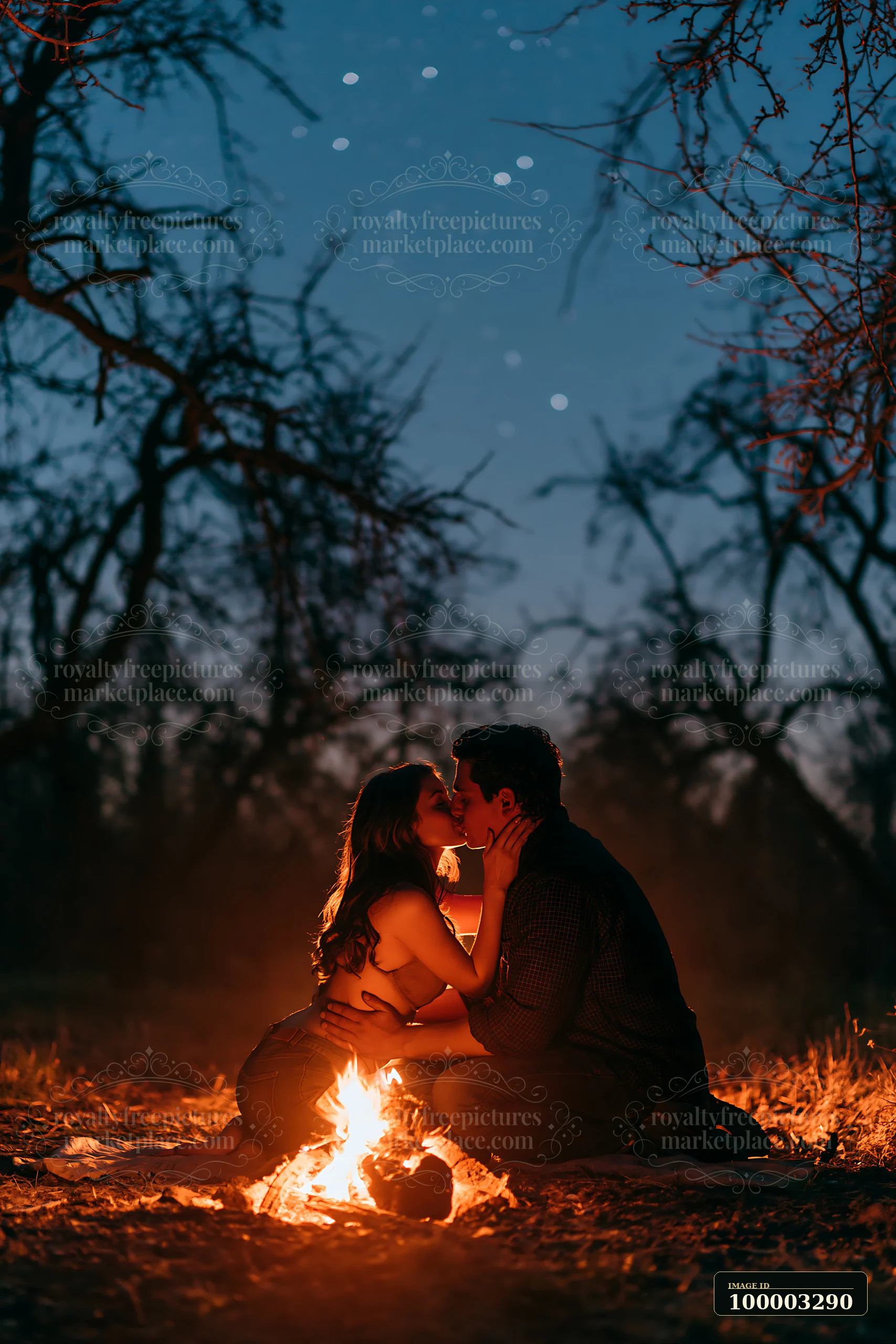 A couple is kissing beside a campfire in the woods under a clear night sky filled with stars.
